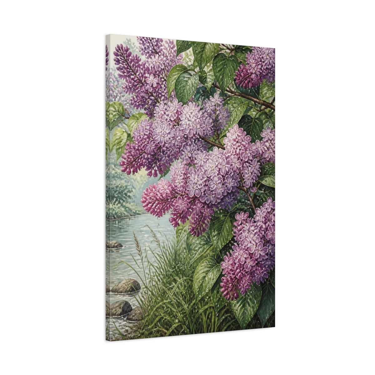 Main Mockup. Lilac Flowers By Riverside shown as canvas print