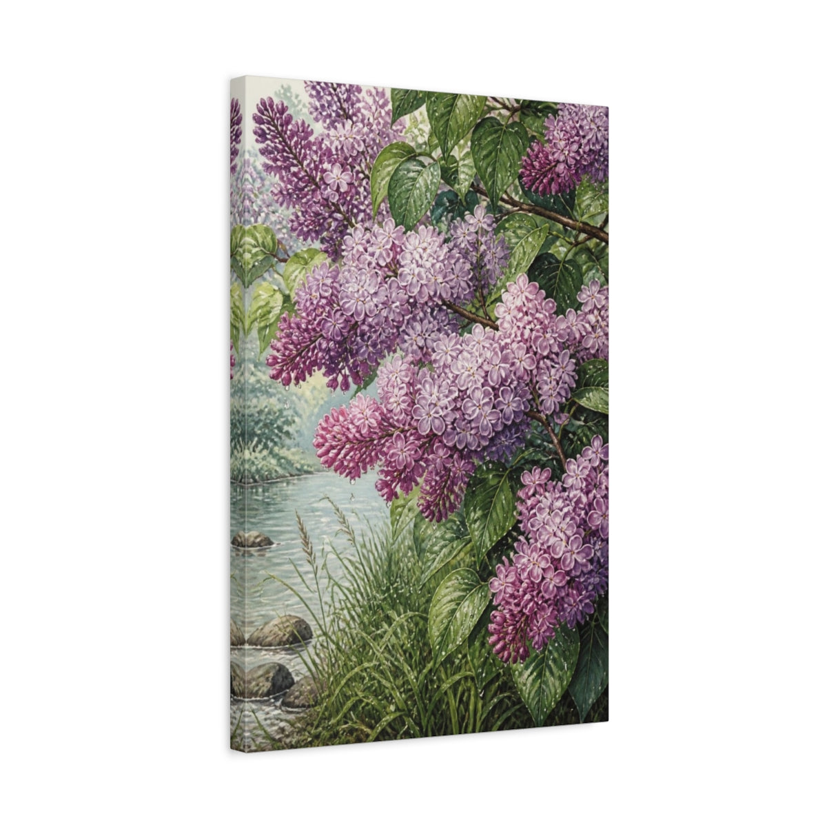 Side Mockup 3. Lilac Flowers By Riverside shown as canvas print