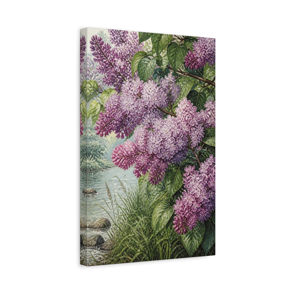 Side Mockup 4. Lilac Flowers By Riverside shown as canvas print