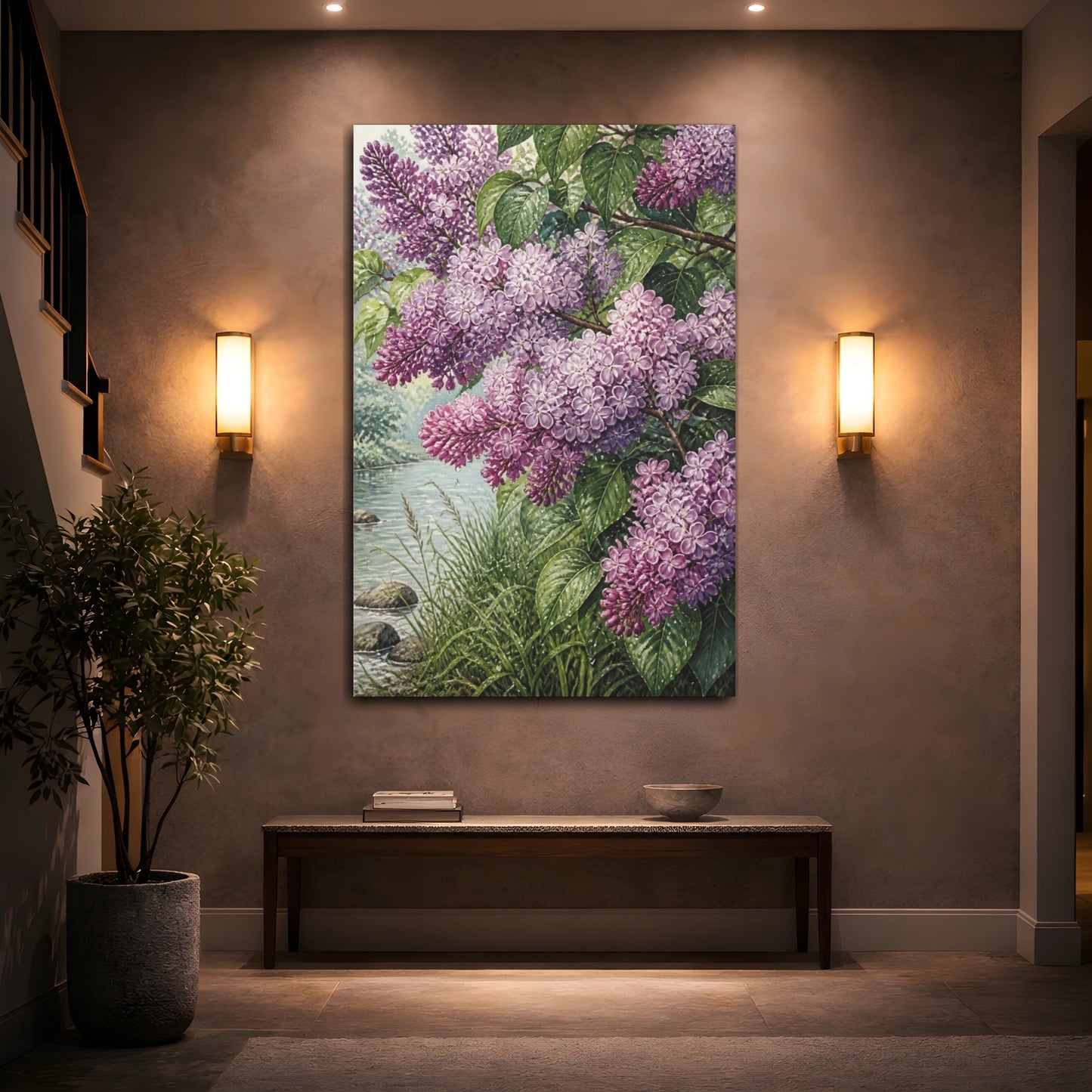 Mockup 2. Lilac Flowers By Riverside shown as canvas print