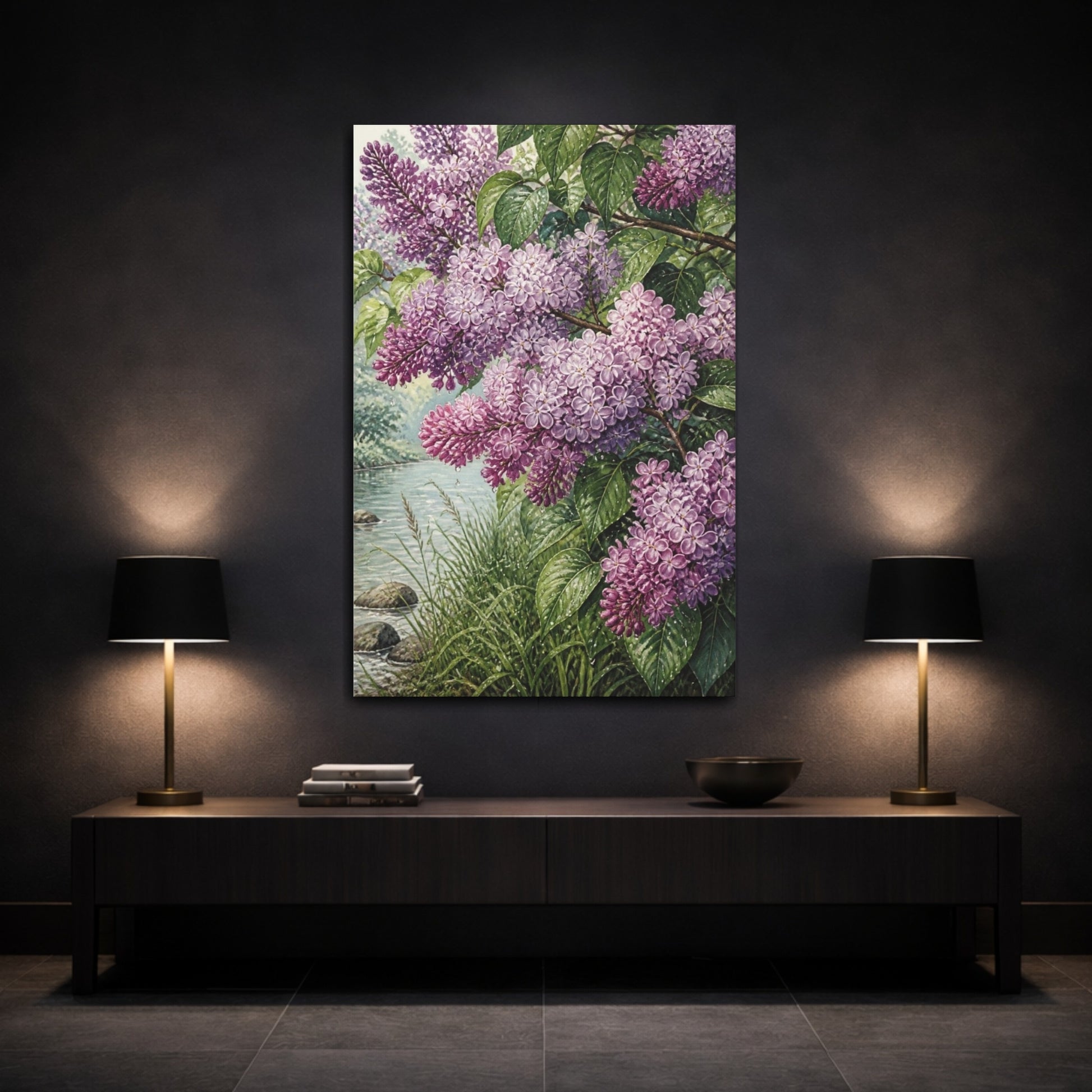 Mockup 3. Lilac Flowers By Riverside shown as canvas print