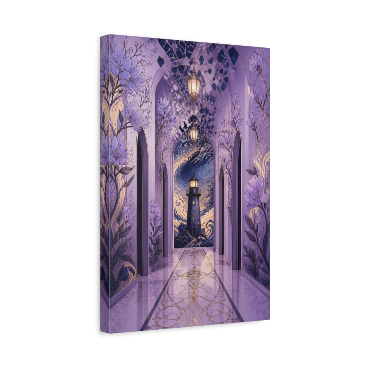 Side Mockup 4. Lilac Lighthouse Passage shown as canvas print