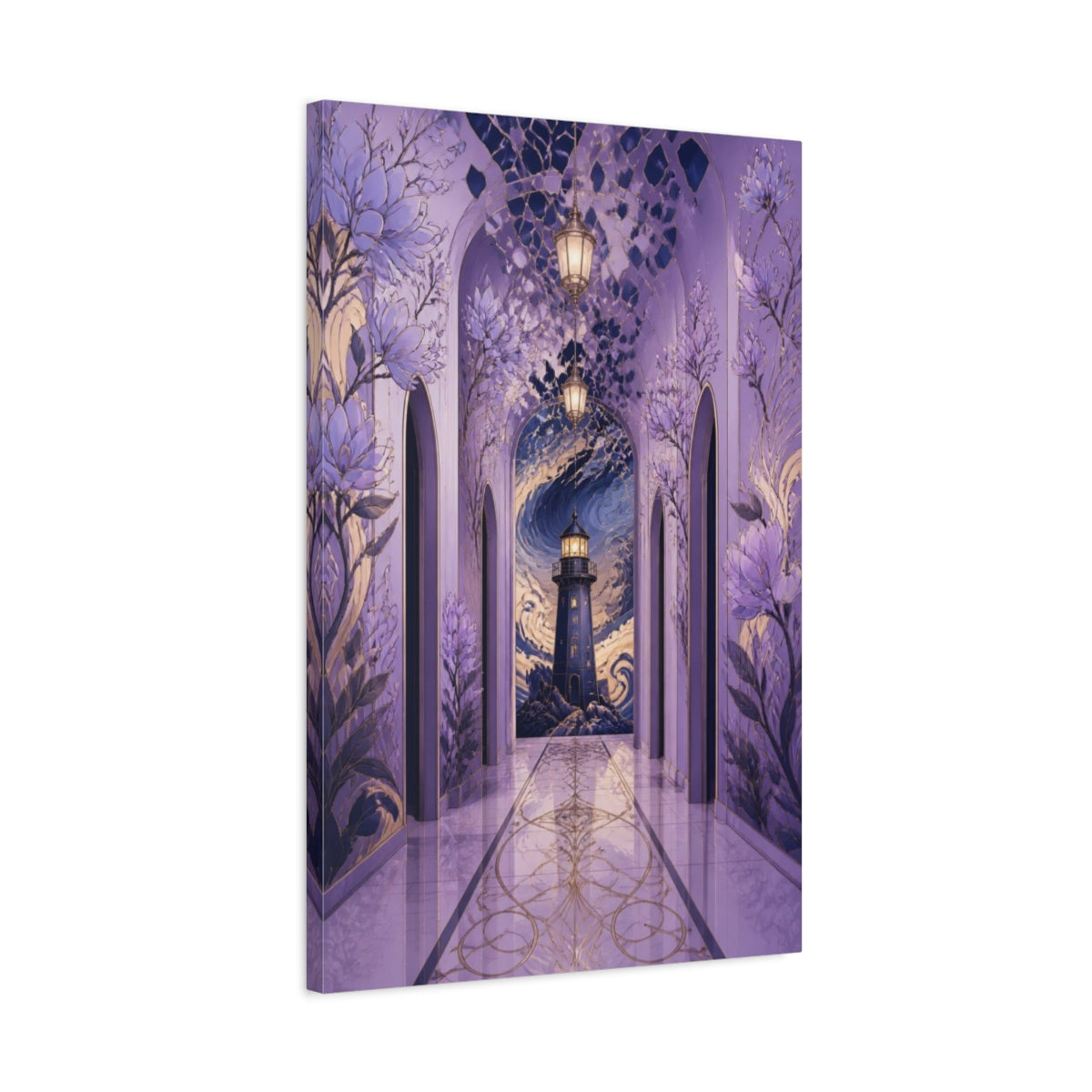 Side Mockup 2. Lilac Lighthouse Passage shown as canvas print