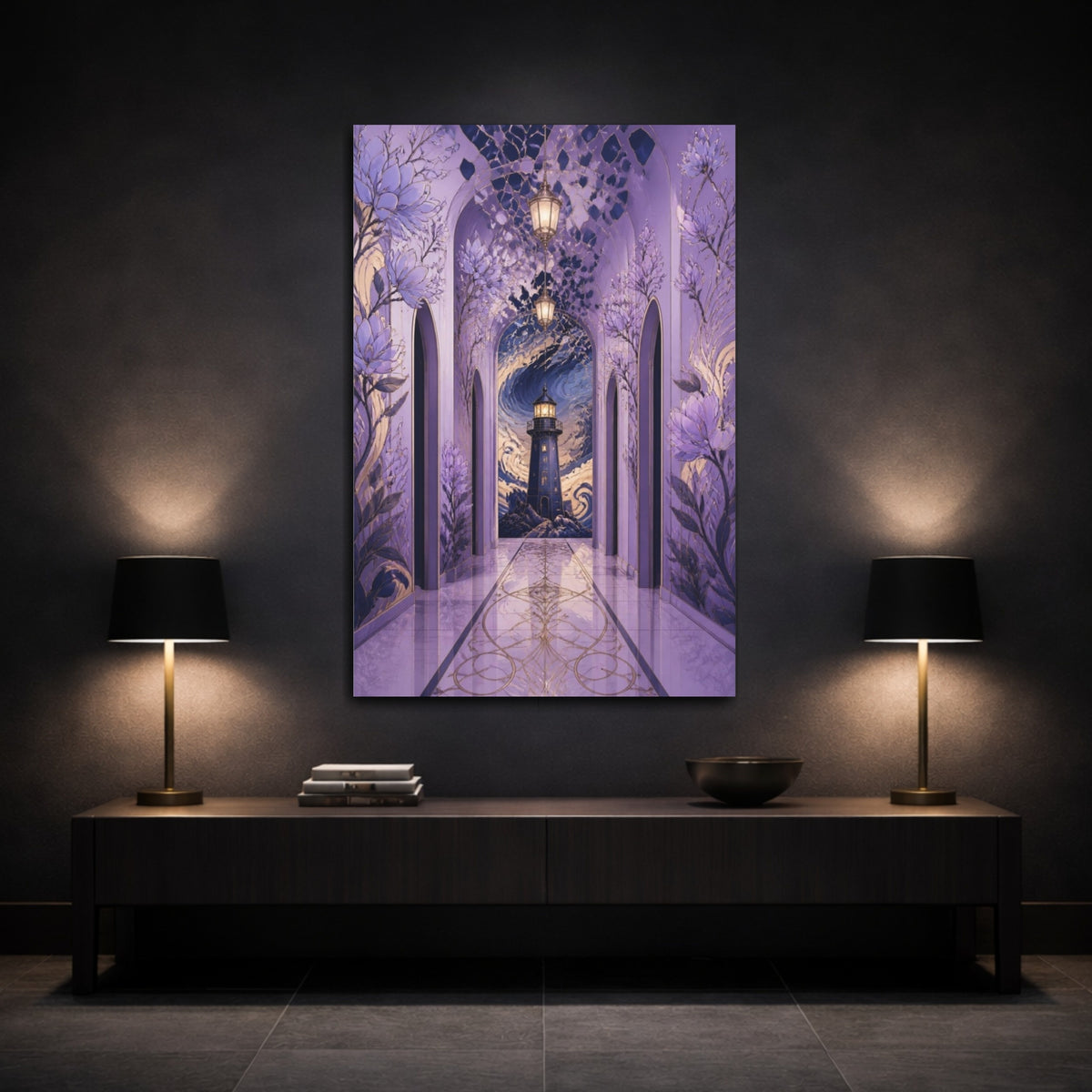 Mockup 3. Lilac Lighthouse Passage shown as canvas print
