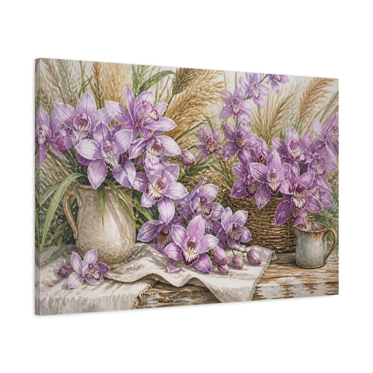 Main Mockup. Lilac Orchids On Farmhouse Table shown as canvas print