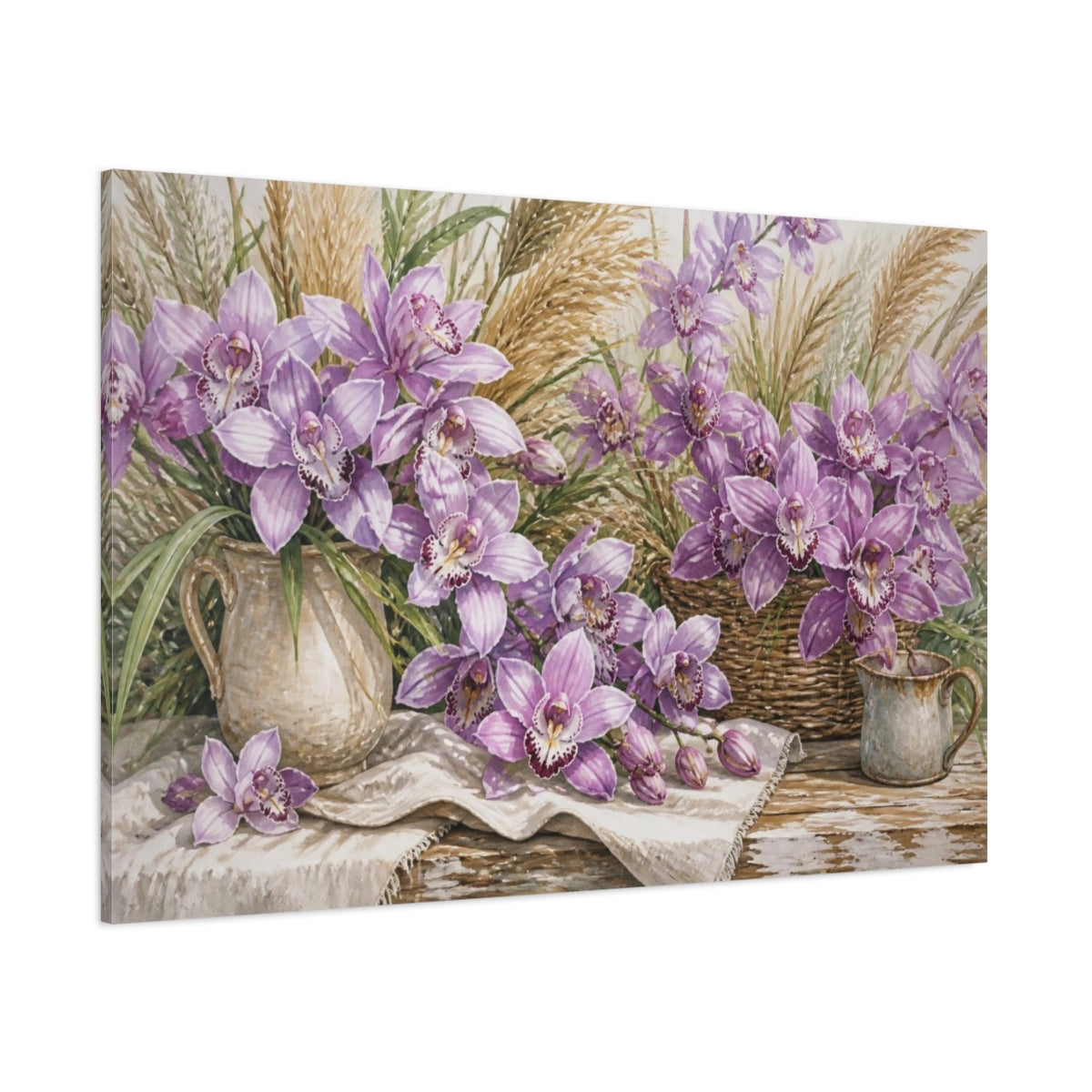 Side Mockup 1. Lilac Orchids On Farmhouse Table shown as canvas print