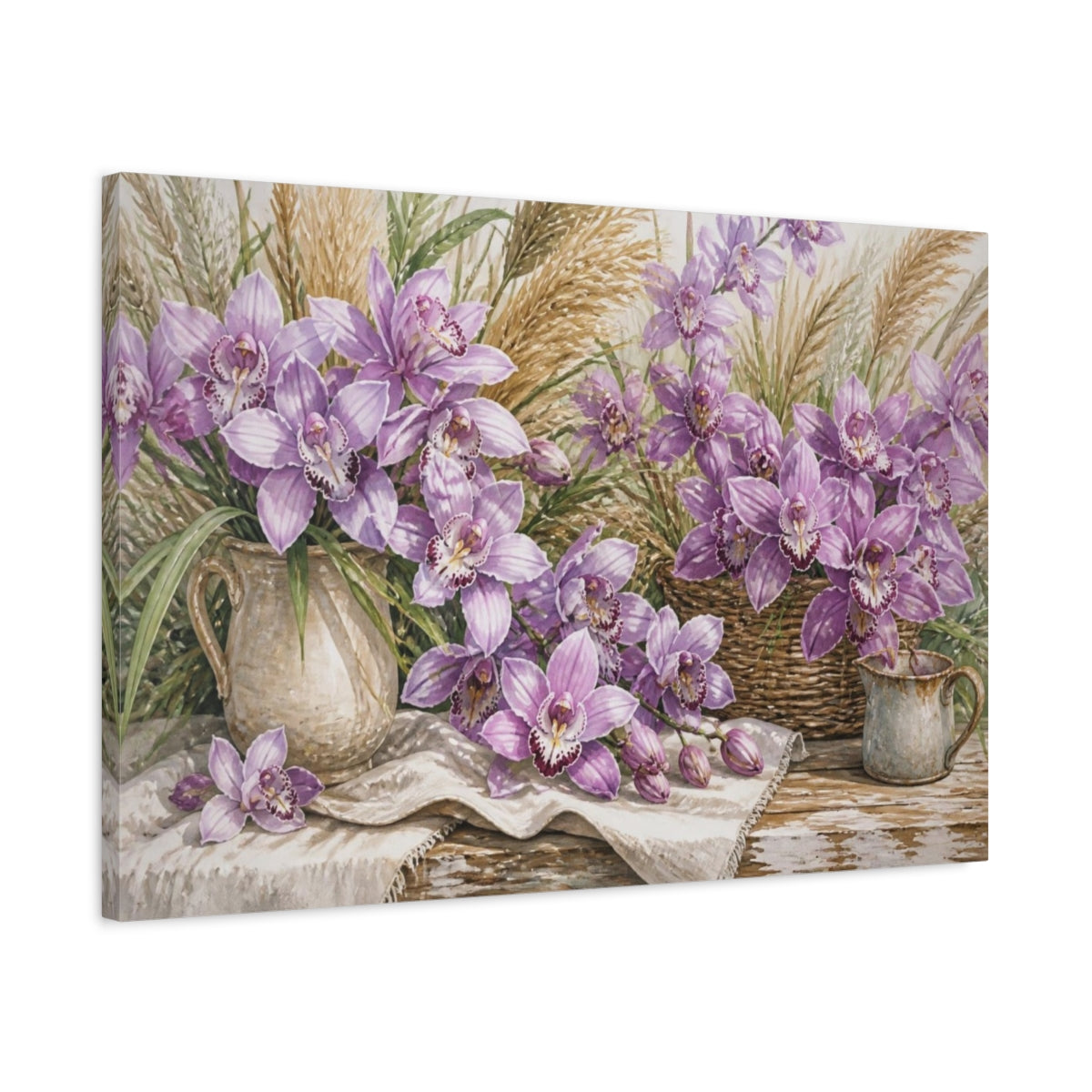 Side Mockup 2. Lilac Orchids On Farmhouse Table shown as canvas print