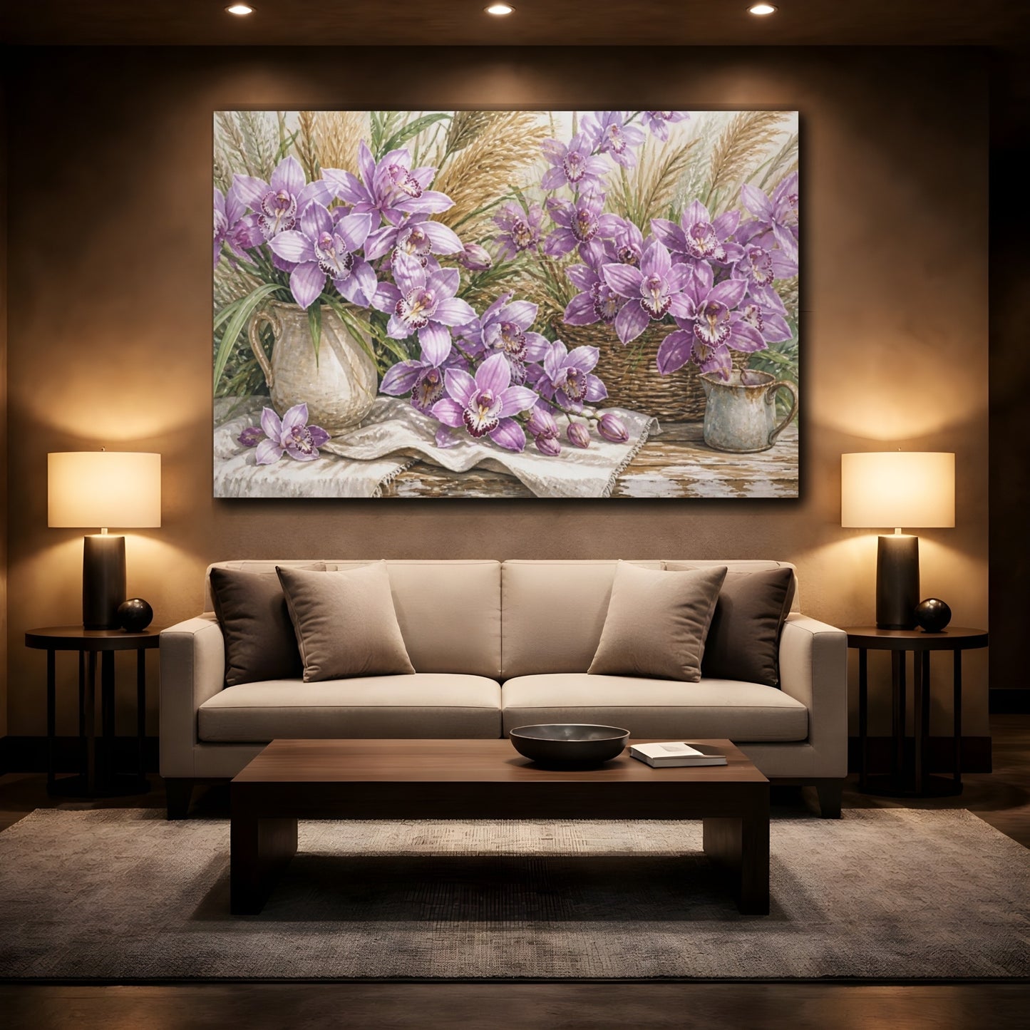 Mockup 2. Lilac Orchids On Farmhouse Table shown as canvas print