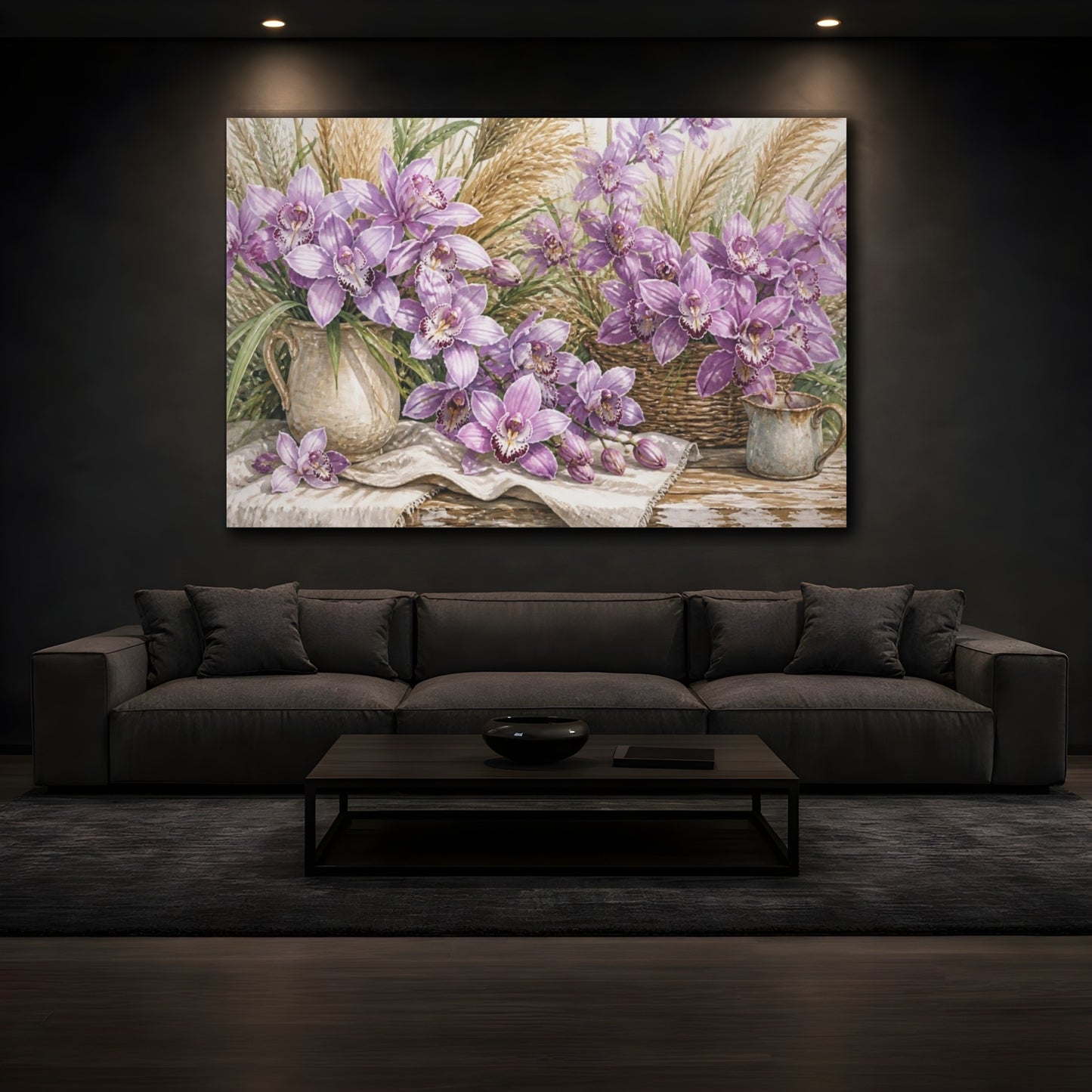 Mockup 3. Lilac Orchids On Farmhouse Table shown as canvas print