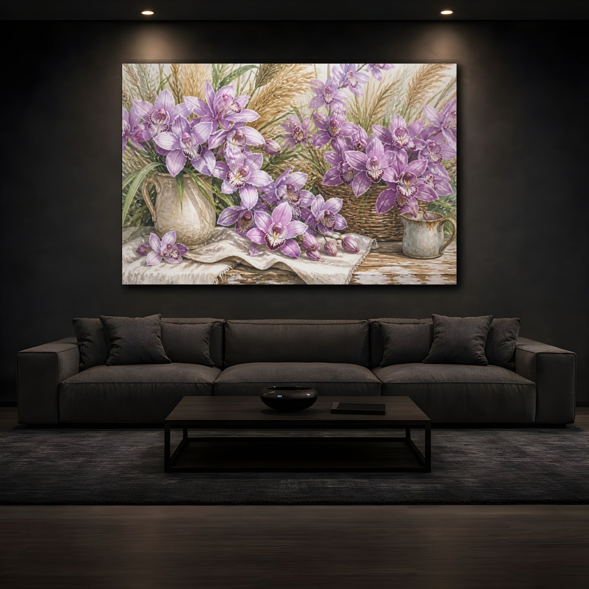 Mockup 3. Lilac Orchids On Farmhouse Table shown as canvas print