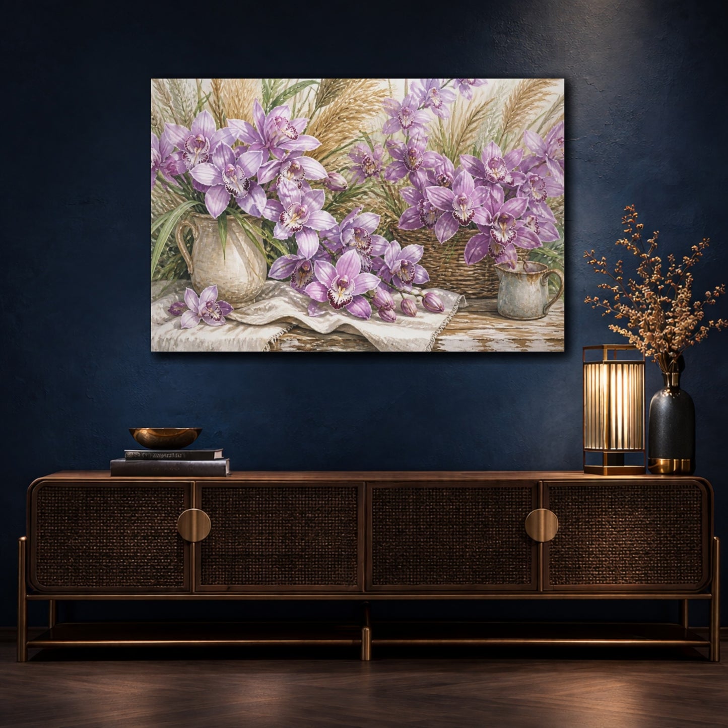 Mockup 4. Lilac Orchids On Farmhouse Table shown as canvas print