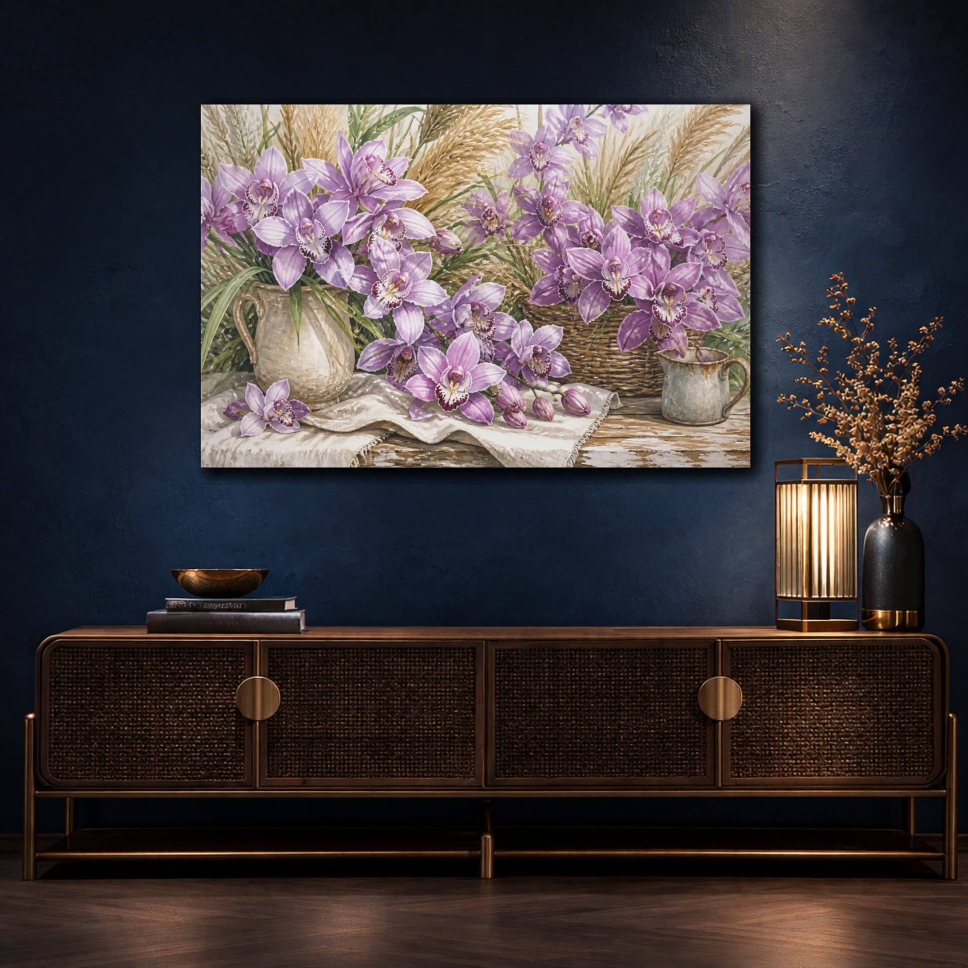 Mockup 4. Lilac Orchids On Farmhouse Table shown as canvas print
