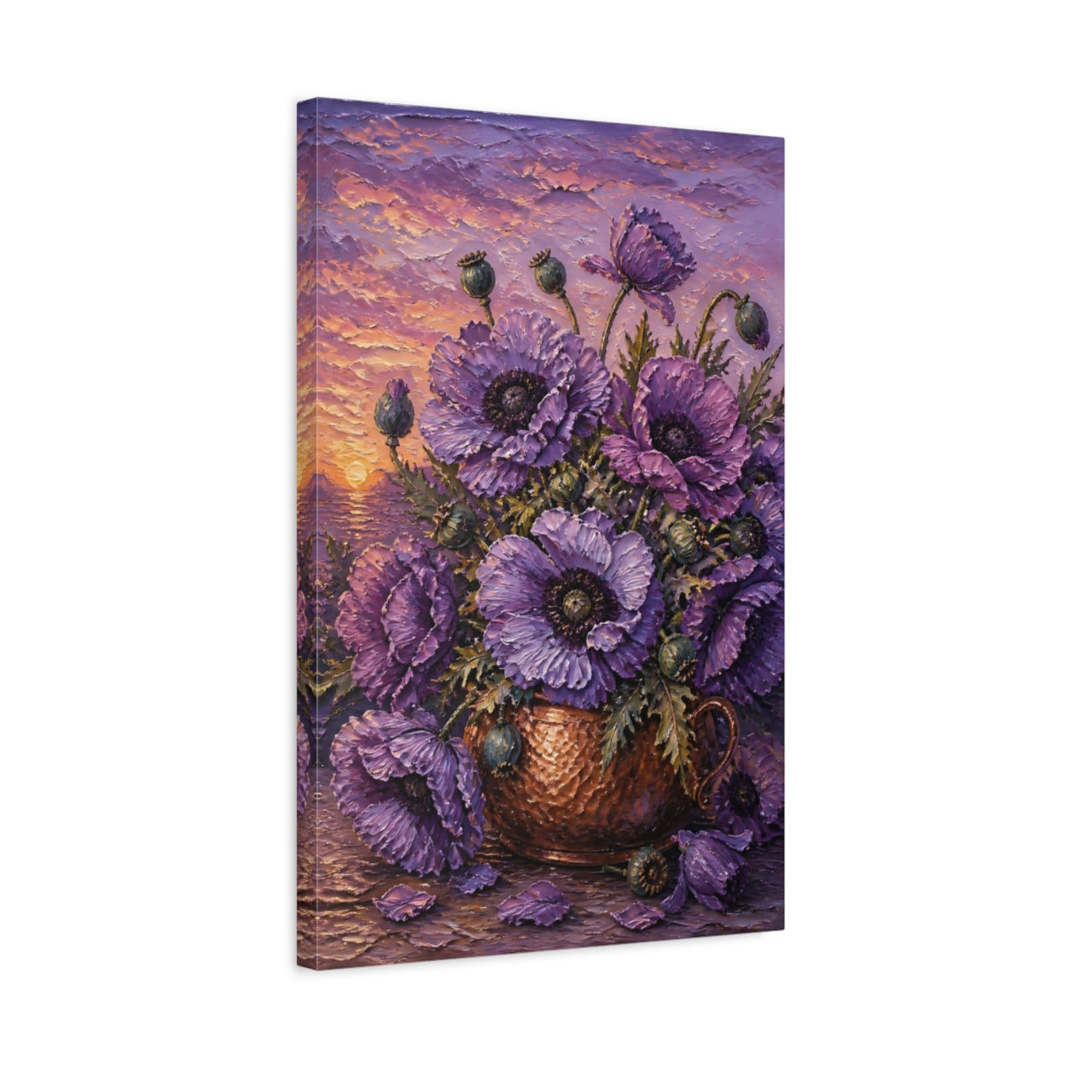 Side Mockup 3. Lilac Poppy Flowers In Copper shown as canvas print
