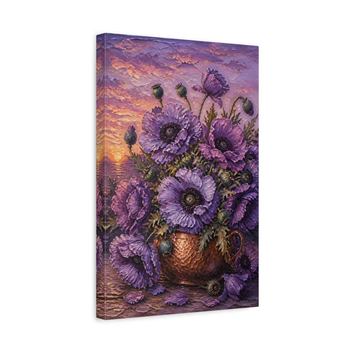 Side Mockup 4. Lilac Poppy Flowers In Copper shown as canvas print