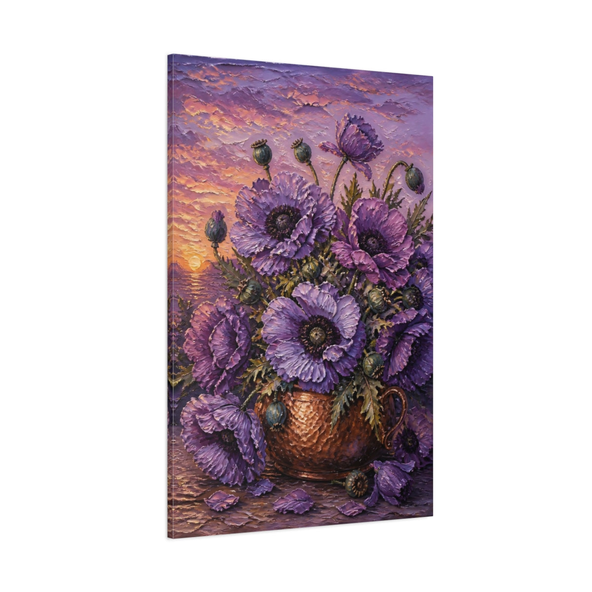 Side Mockup 1. Lilac Poppy Flowers In Copper shown as canvas print