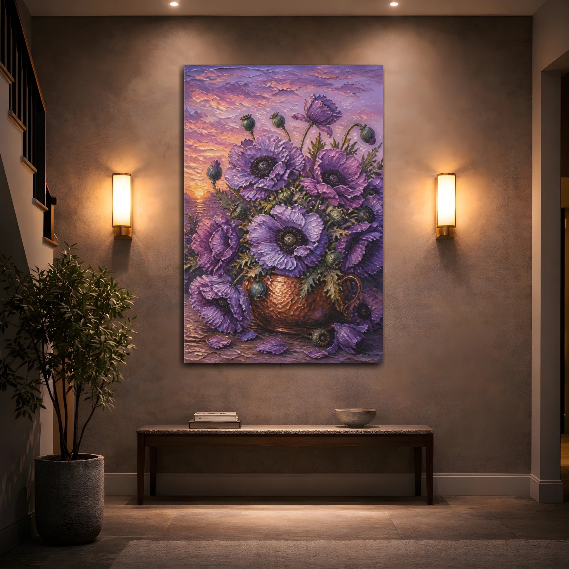 Mockup 2. Lilac Poppy Flowers In Copper shown as canvas print