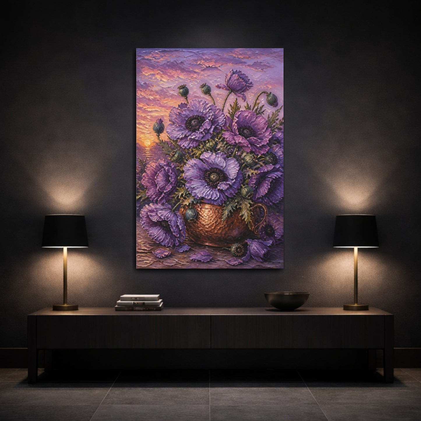 Mockup 3. Lilac Poppy Flowers In Copper shown as canvas print