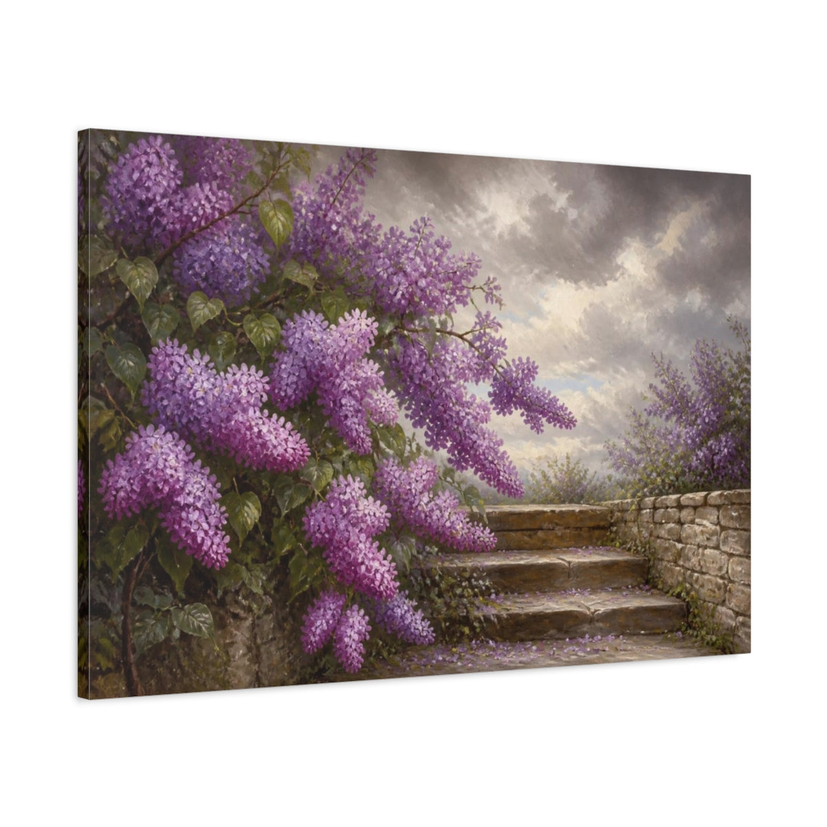 Main Mockup. Lilacs Above Stone Steps shown as canvas print