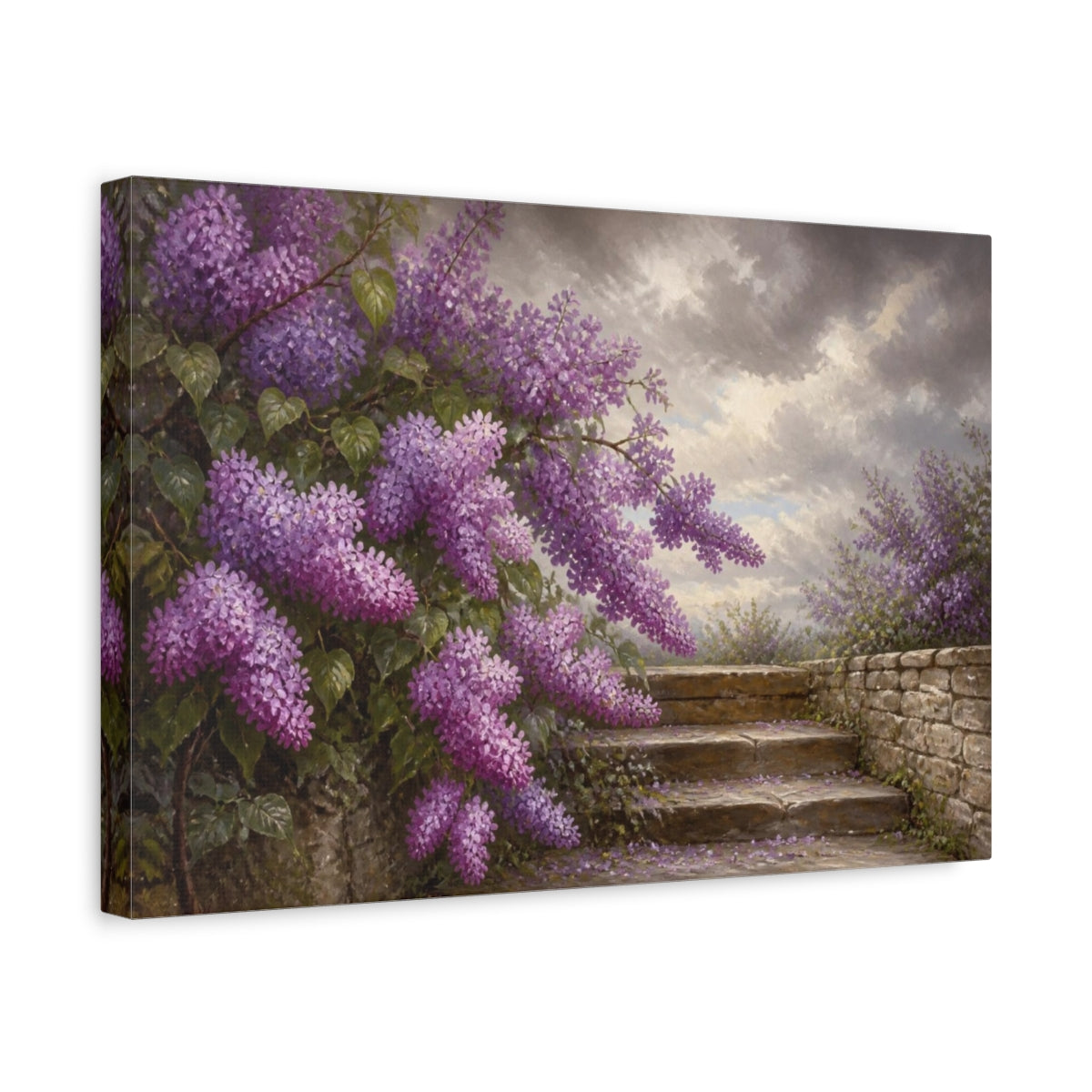 Side Mockup 4. Lilacs Above Stone Steps shown as canvas print