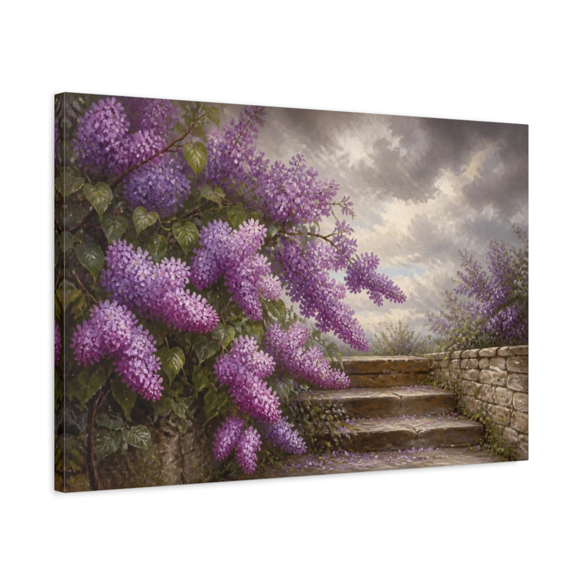 Side Mockup 2. Lilacs Above Stone Steps shown as canvas print
