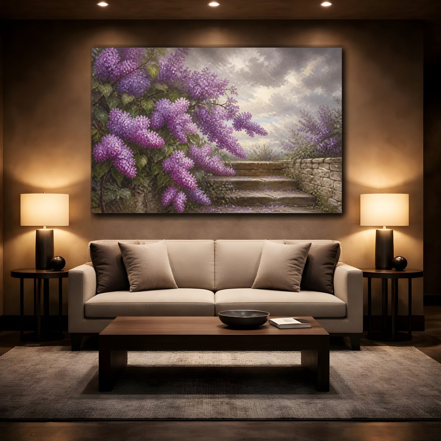 Mockup 2. Lilacs Above Stone Steps shown as canvas print