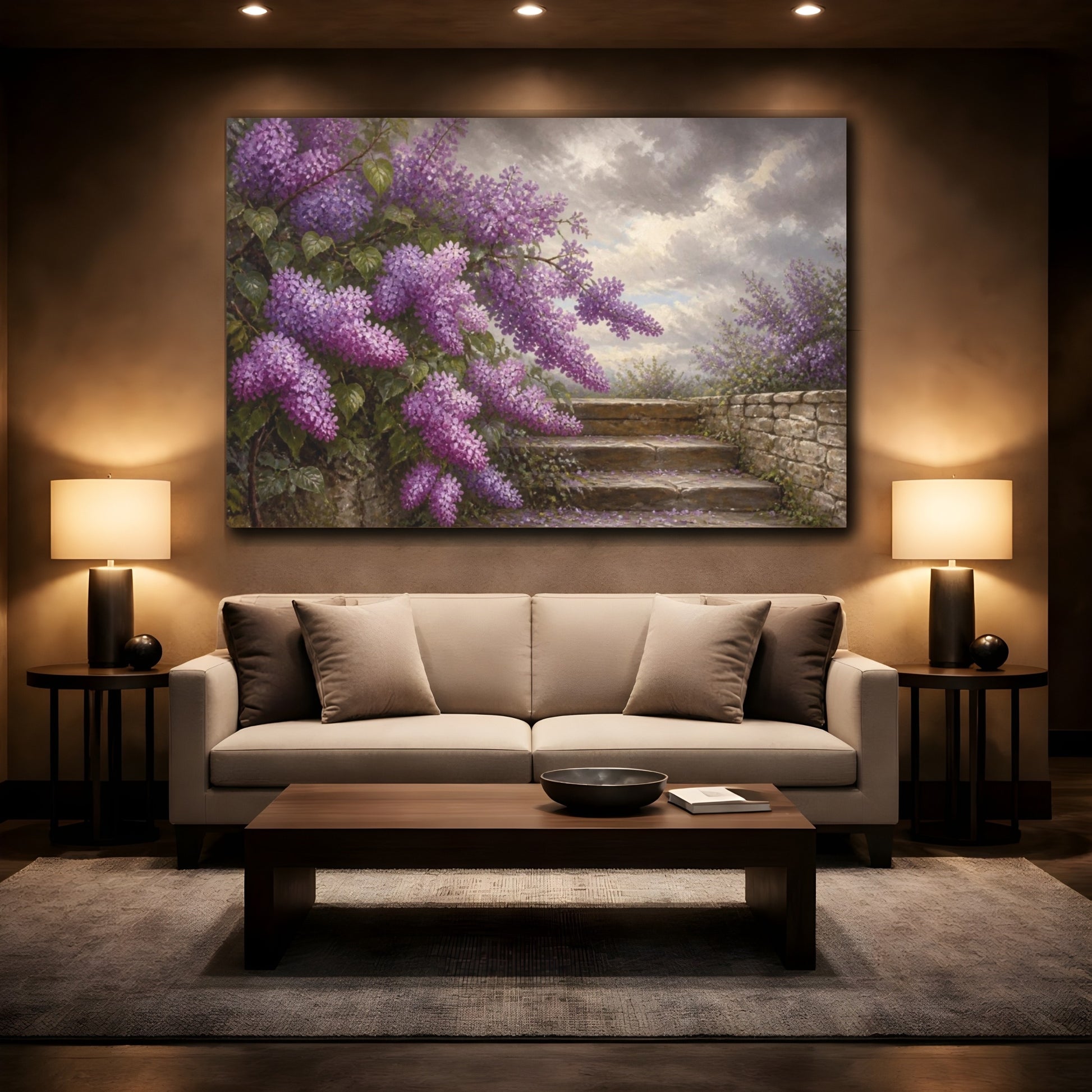 Mockup 2. Lilacs Above Stone Steps shown as canvas print