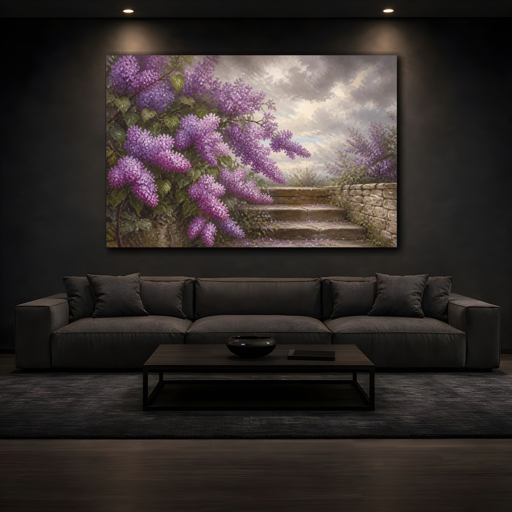 Mockup 3. Lilacs Above Stone Steps shown as canvas print