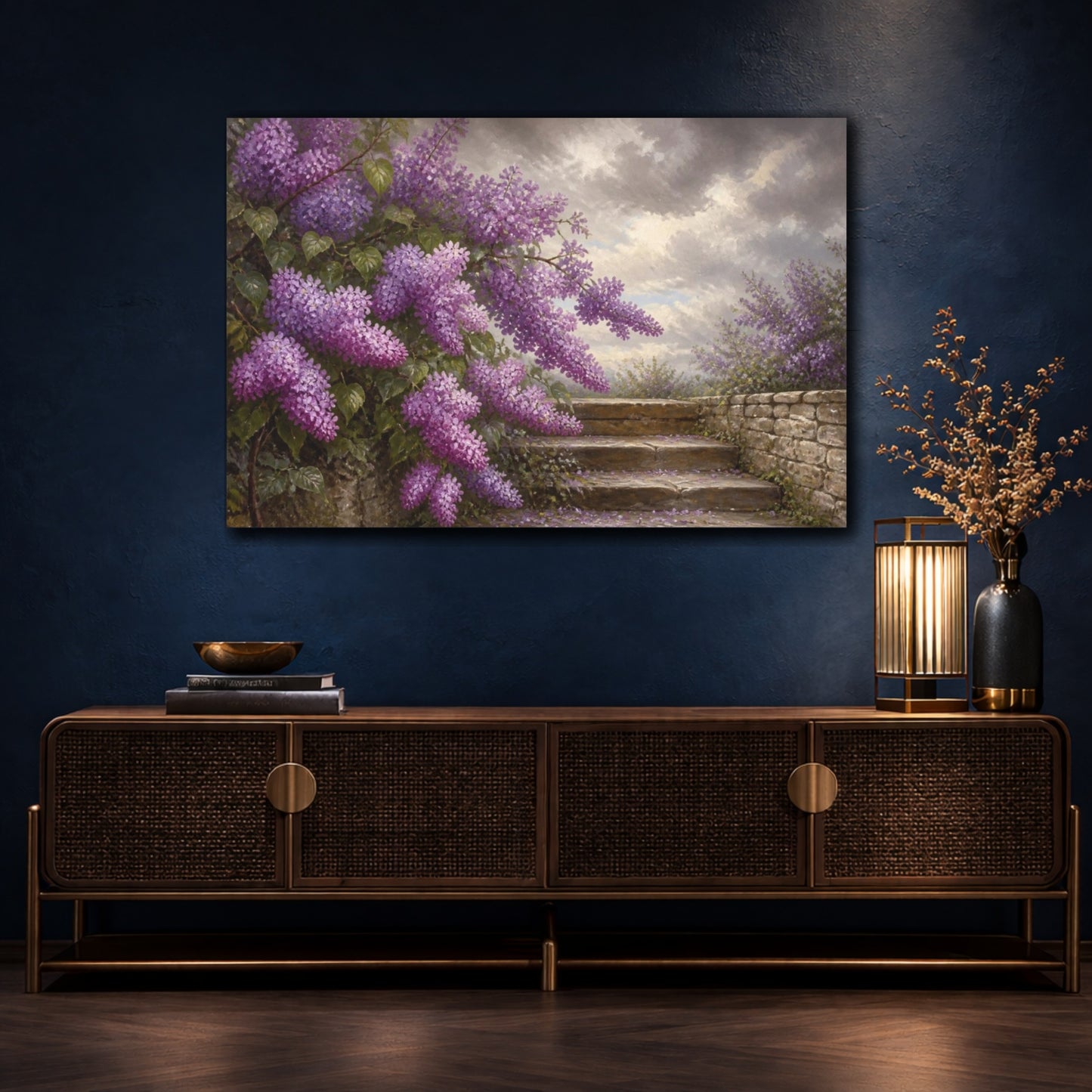Mockup 4. Lilacs Above Stone Steps shown as canvas print