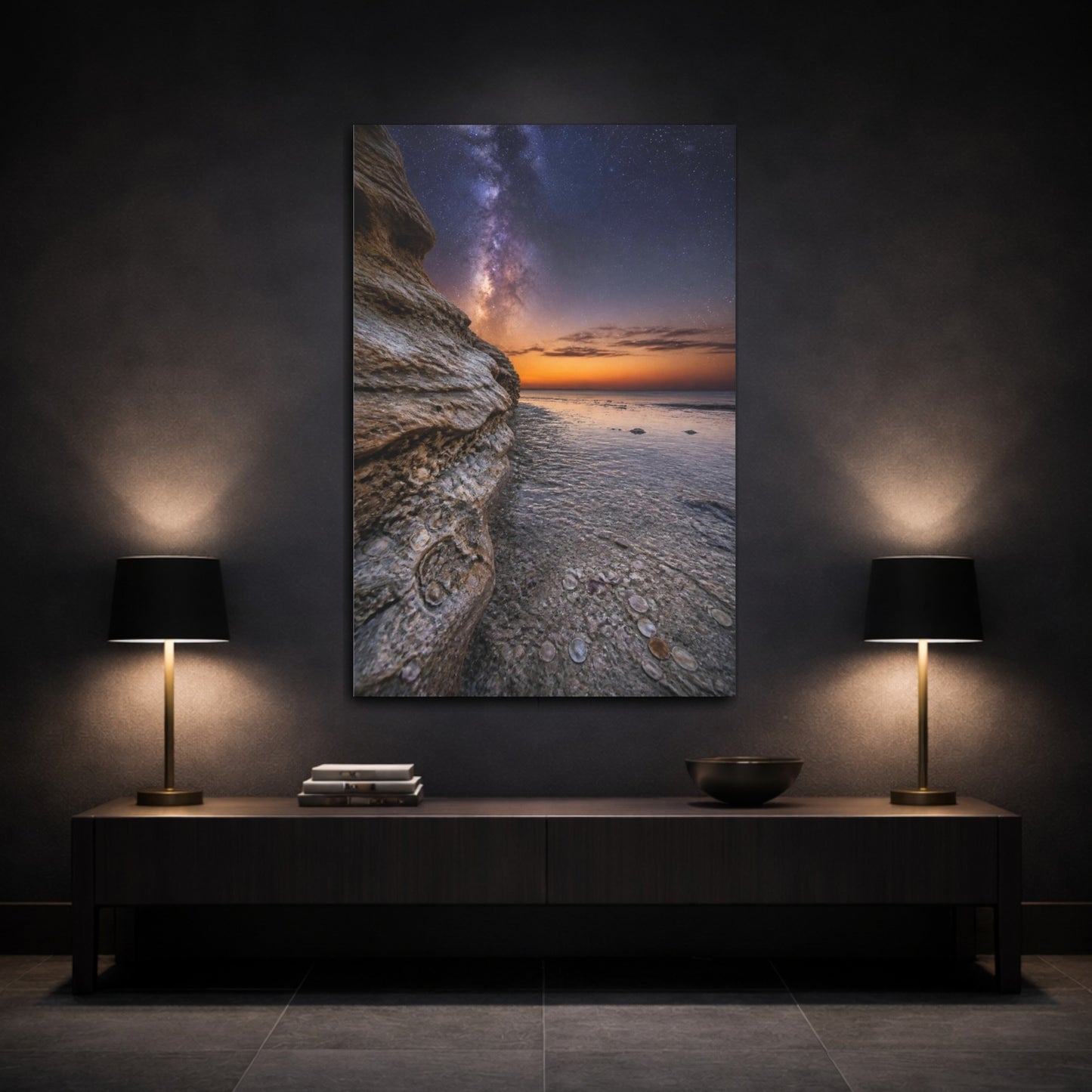 Mockup 3. Limestone Cliff Under Milky Way shown as canvas print