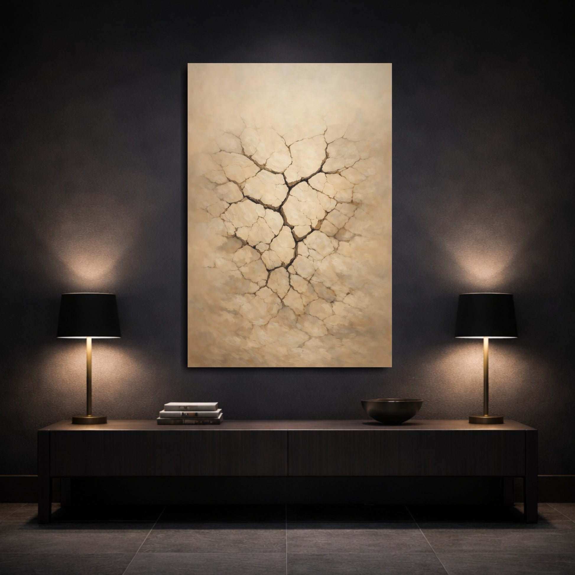 Mockup 2. Line Art Cracked Clay Surface Soft Light shown as stretched canvas wall art