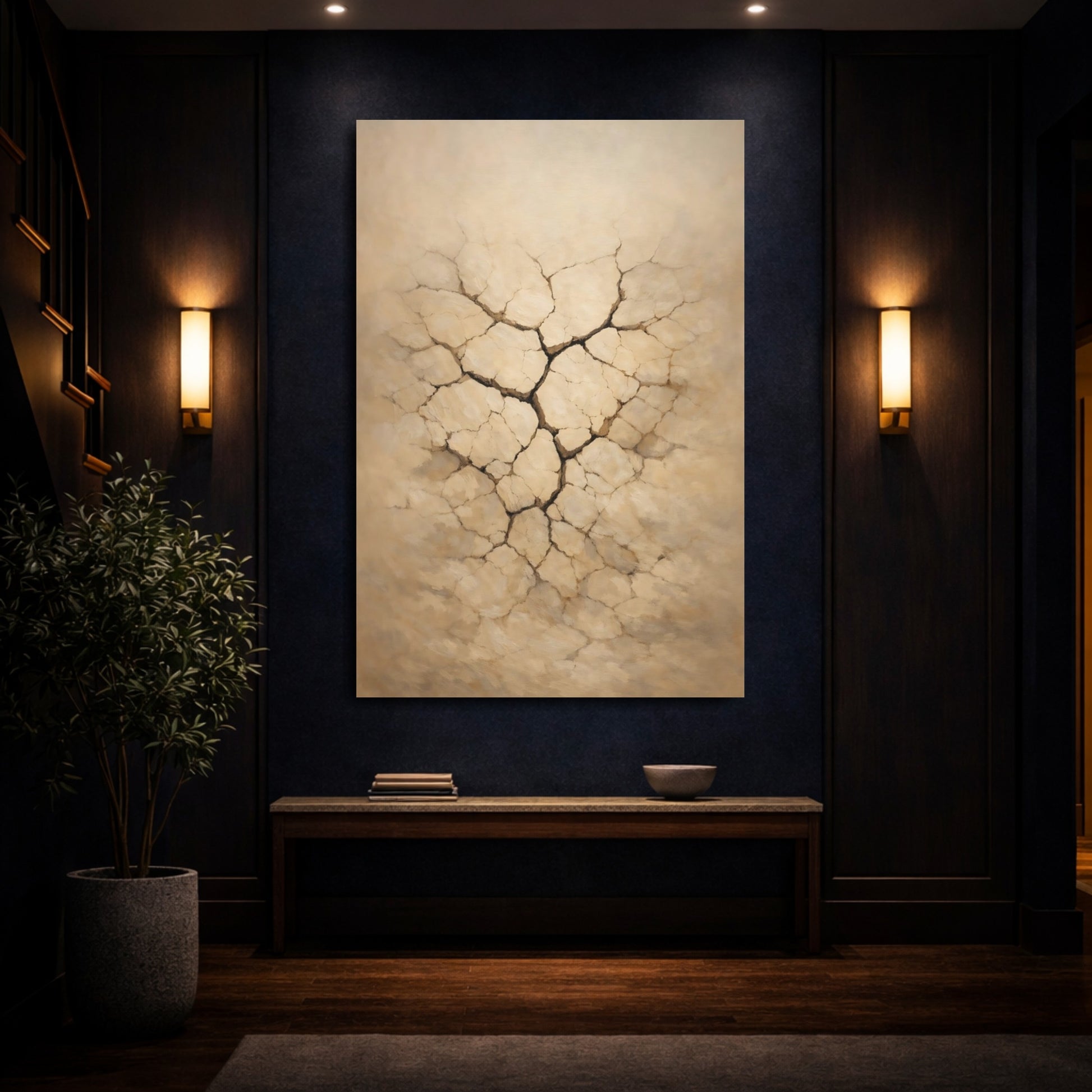 Mockup 3. Line Art Cracked Clay Surface Soft Light shown as stretched canvas wall art