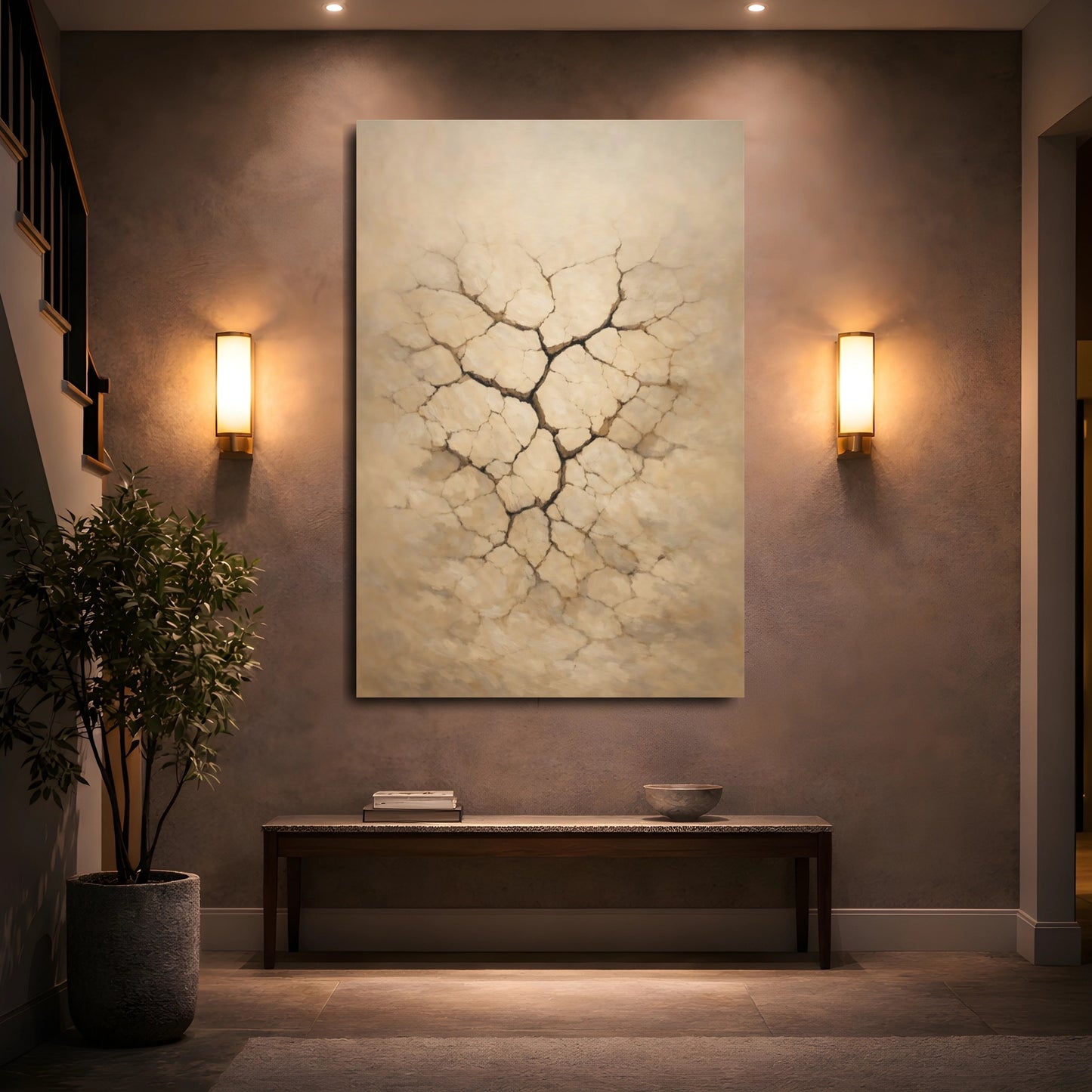 Mockup 4. Line Art Cracked Clay Surface Soft Light shown as stretched canvas wall art