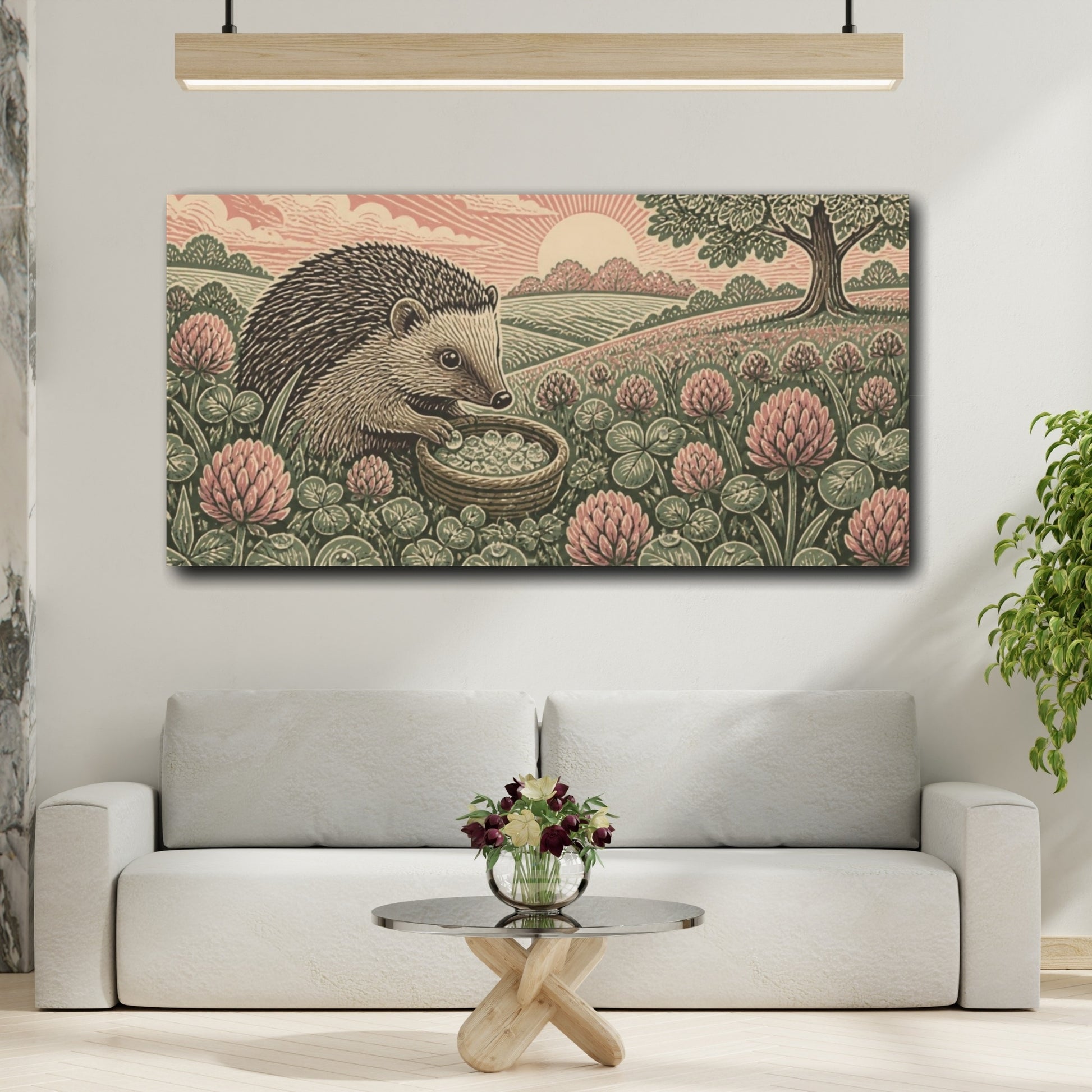 Mockup 2. Linocut Hedgehog In Clover shown as canvas print