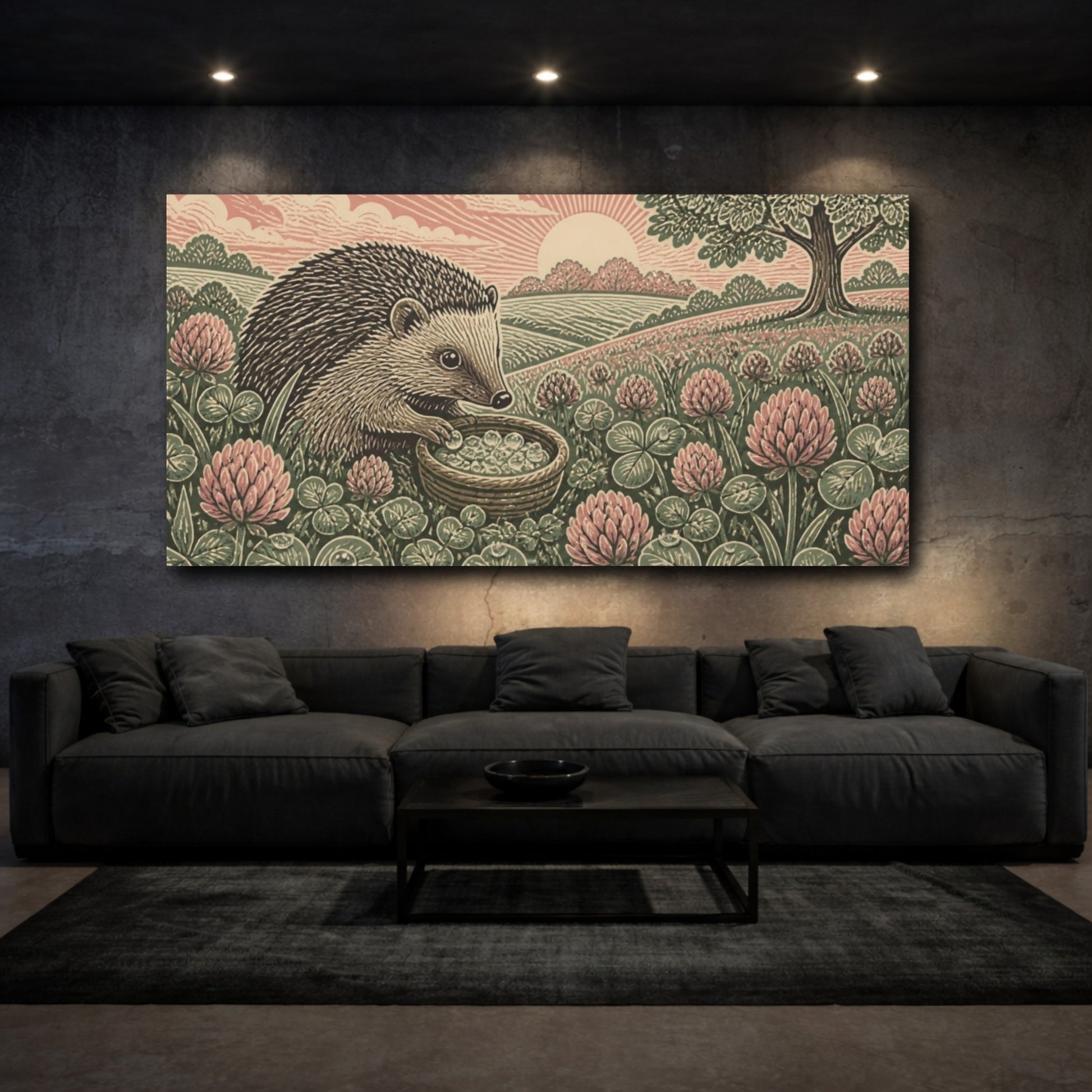 Mockup 3. Linocut Hedgehog In Clover shown as canvas print