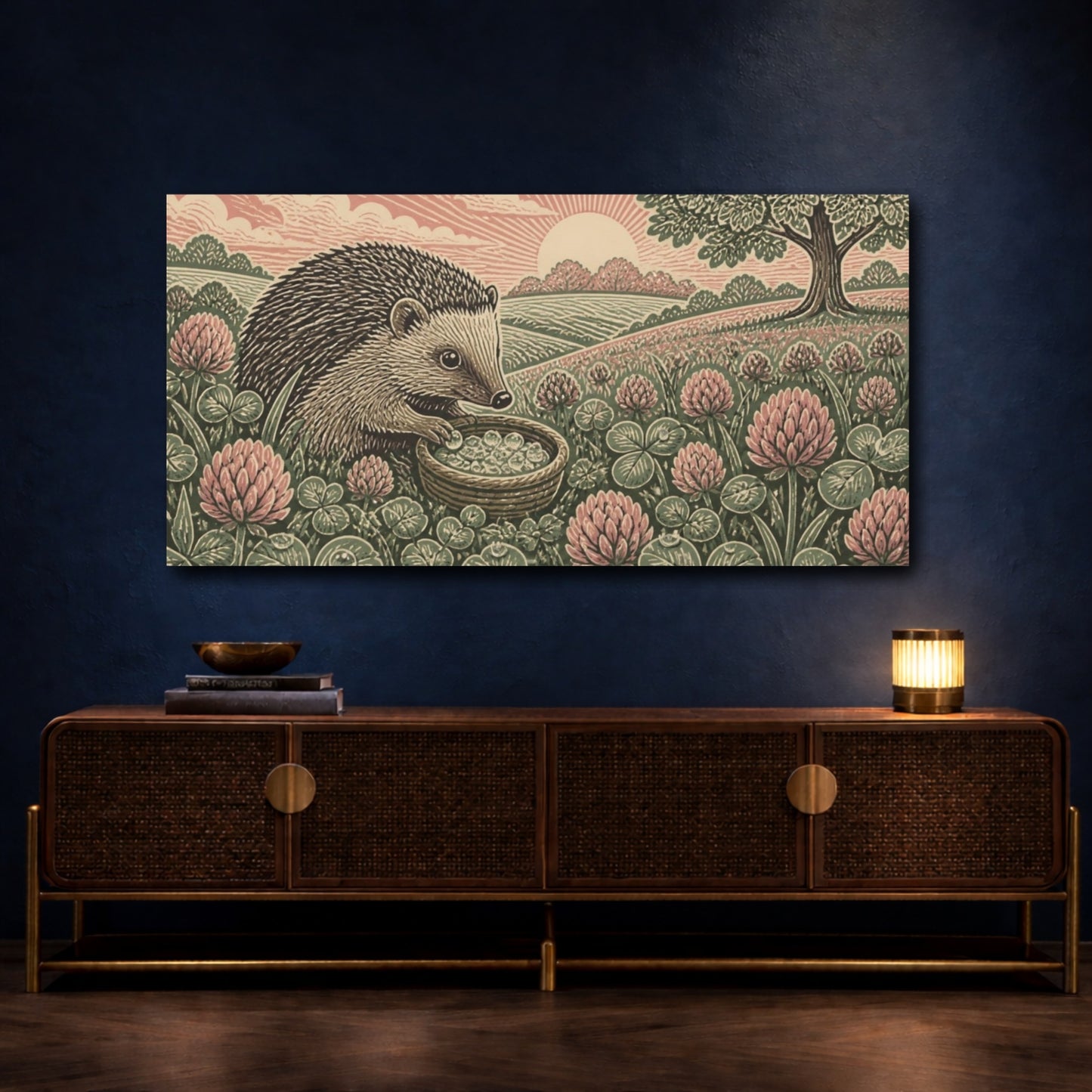 Mockup 4. Linocut Hedgehog In Clover shown as canvas print