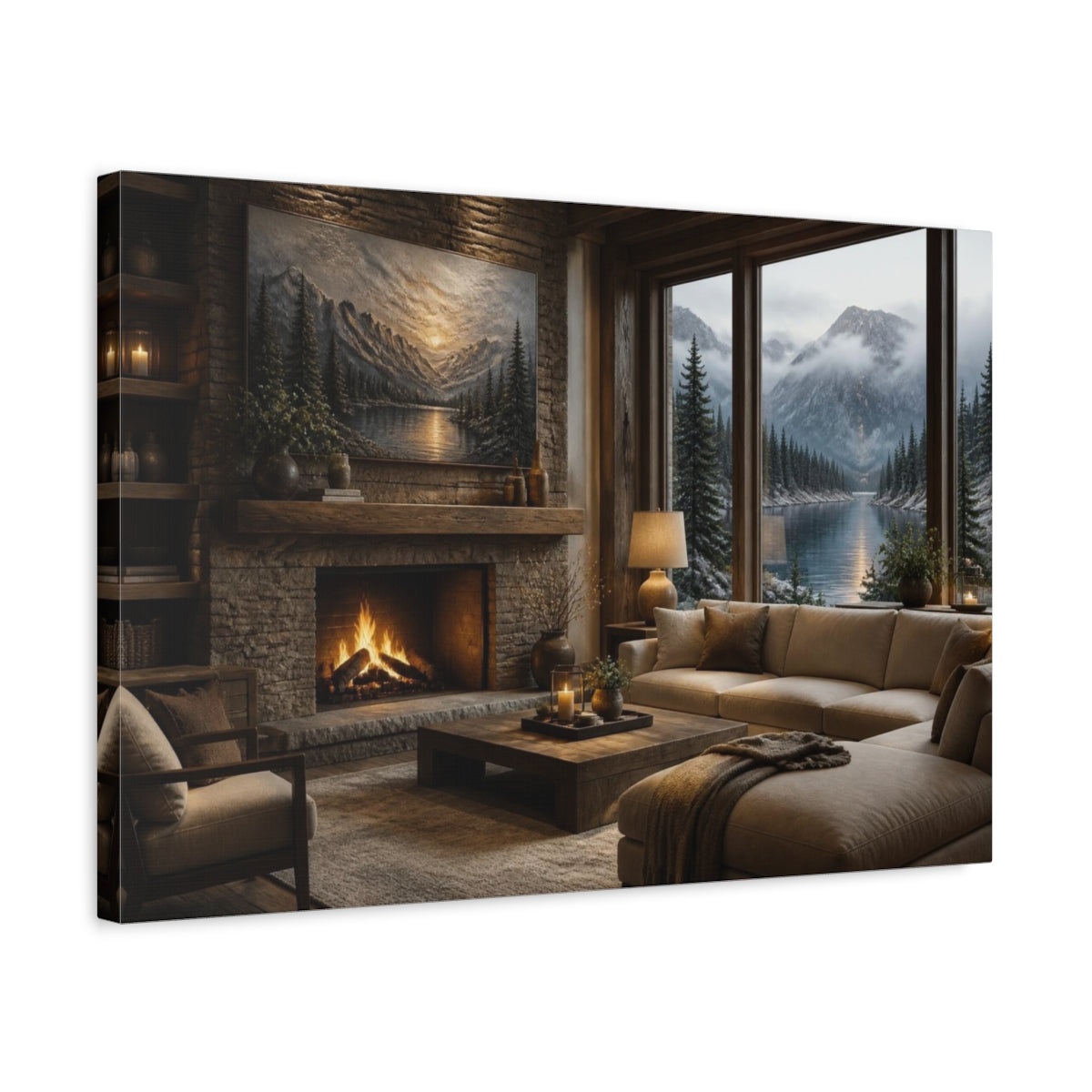 Side Mockup 3. Living Room Alpine Lake Scene shown as canvas print
