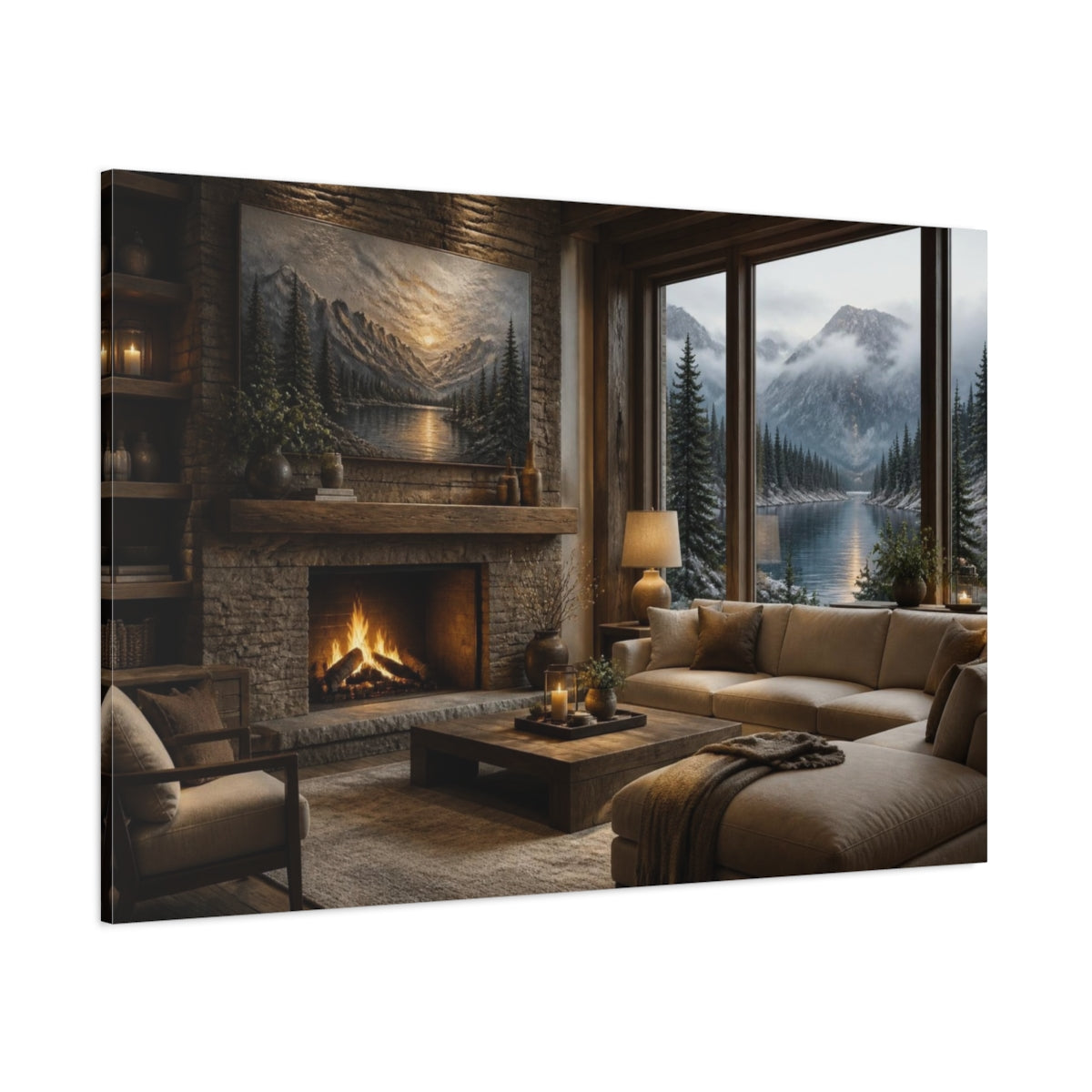 Side Mockup 1. Living Room Alpine Lake Scene shown as canvas print