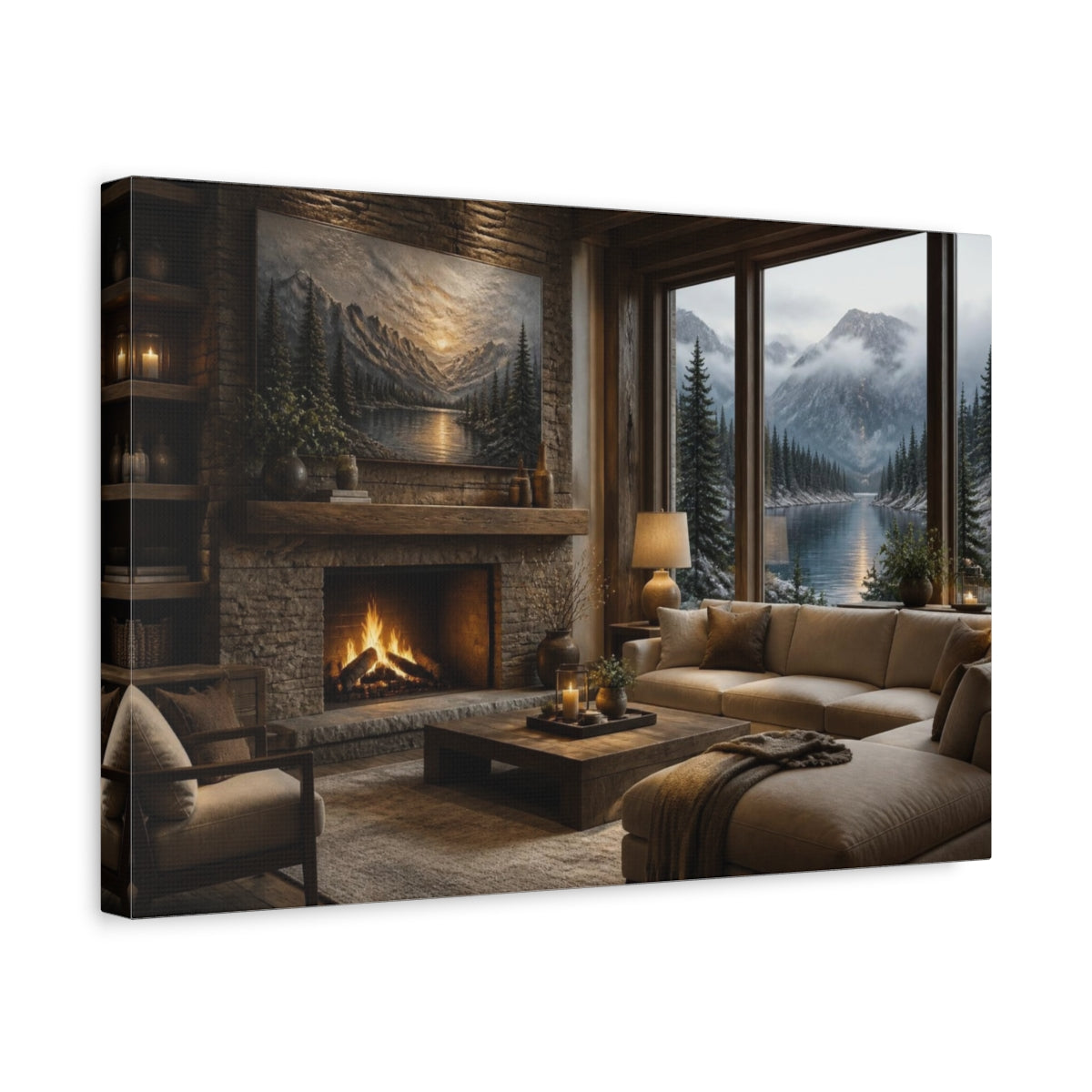 Side Mockup 4. Living Room Alpine Lake Scene shown as canvas print
