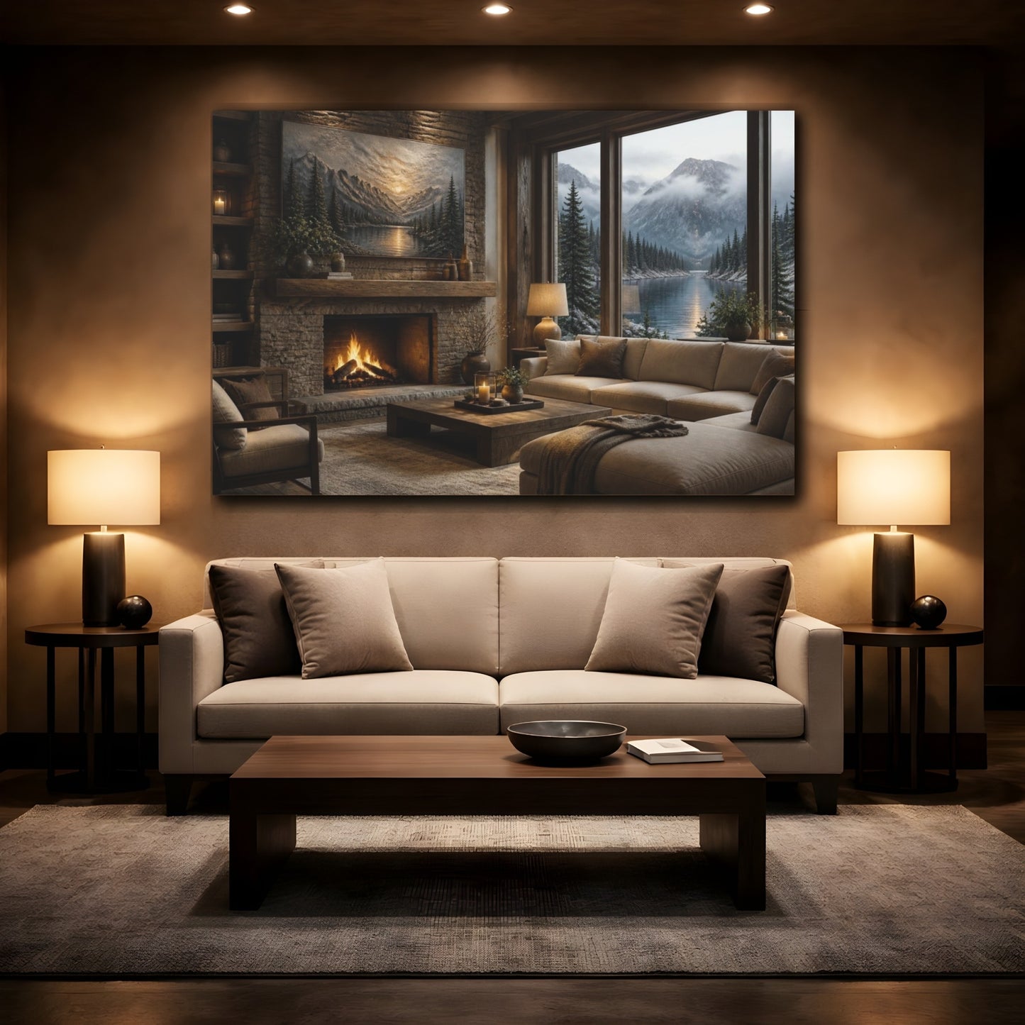 Mockup 2. Living Room Alpine Lake Scene shown as canvas print