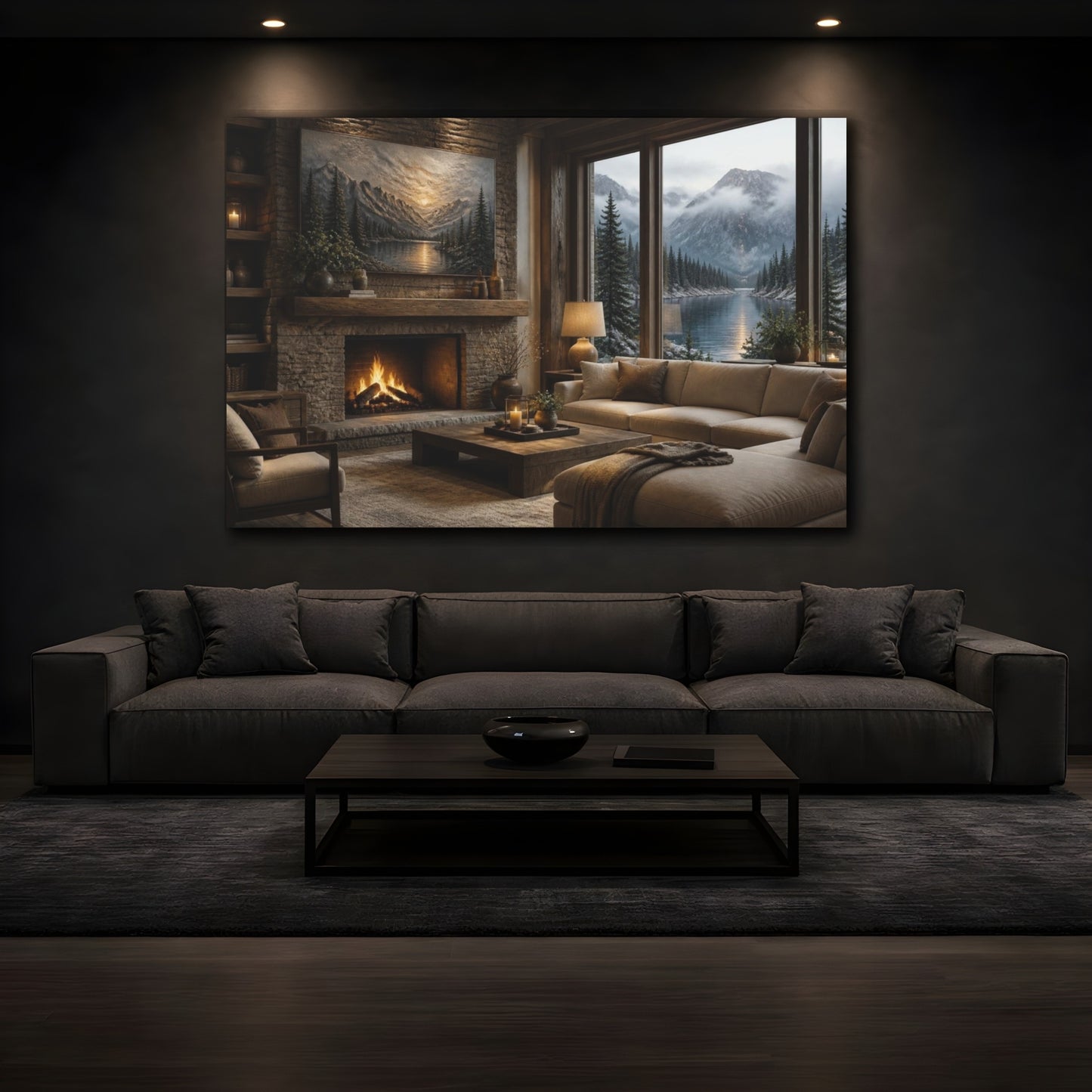 Mockup 3. Living Room Alpine Lake Scene shown as canvas print