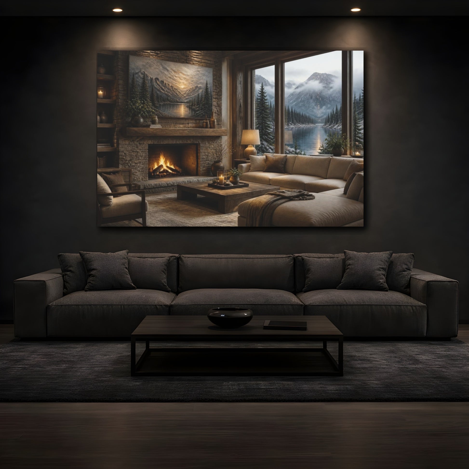 Mockup 3. Living Room Alpine Lake Scene shown as canvas print