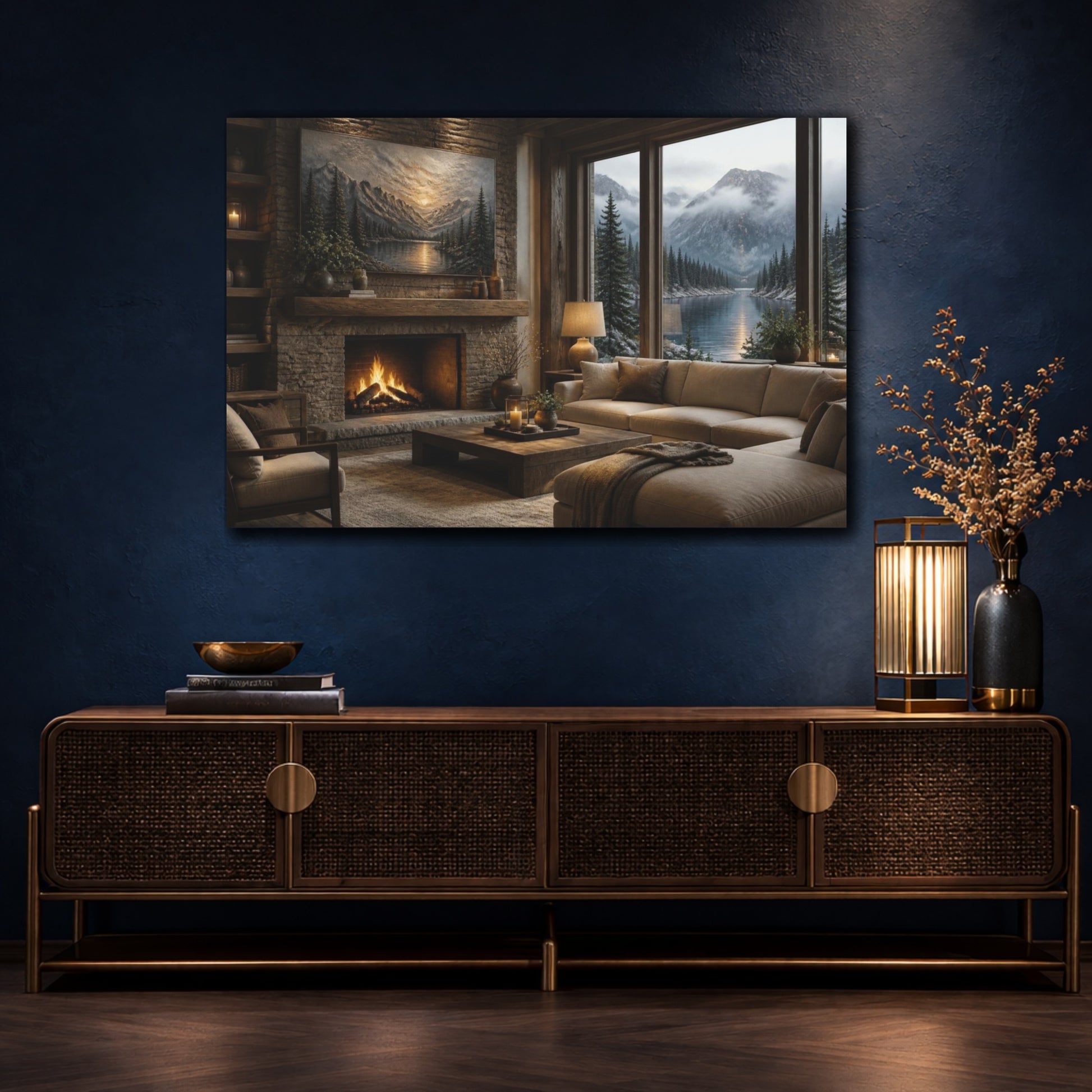 Mockup 4. Living Room Alpine Lake Scene shown as canvas print