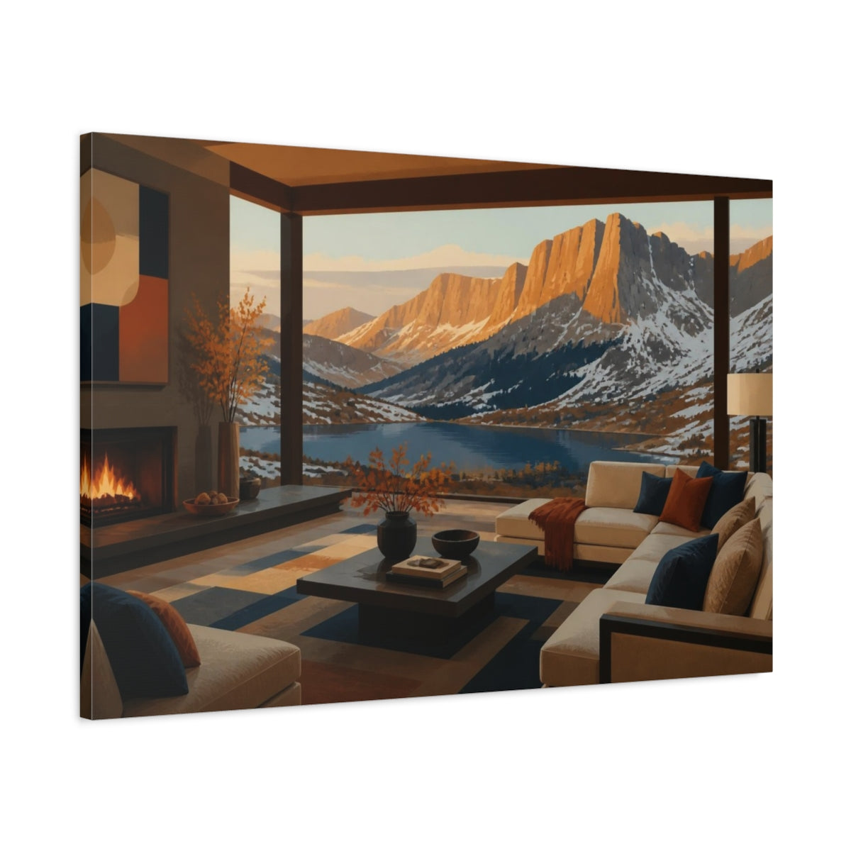 Main Mockup. Living Room Alpine Lake View shown as canvas print