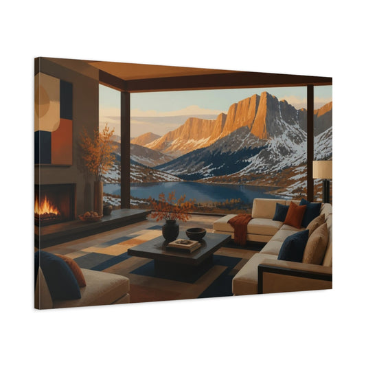 Main Mockup. Living Room Alpine Lake View shown as canvas print