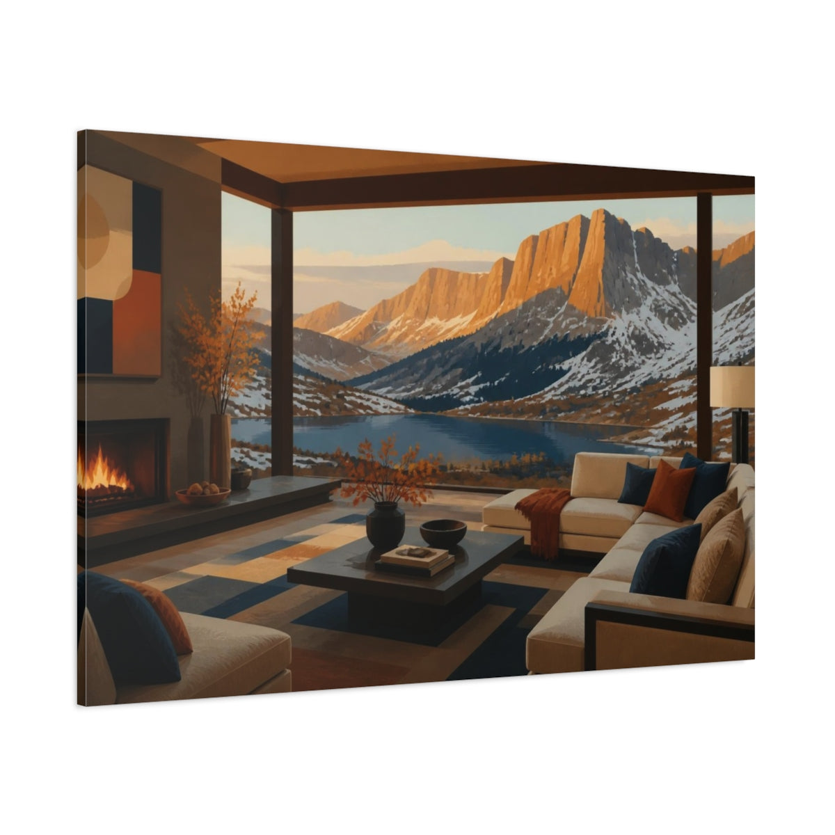 Side Mockup 1. Living Room Alpine Lake View shown as canvas print