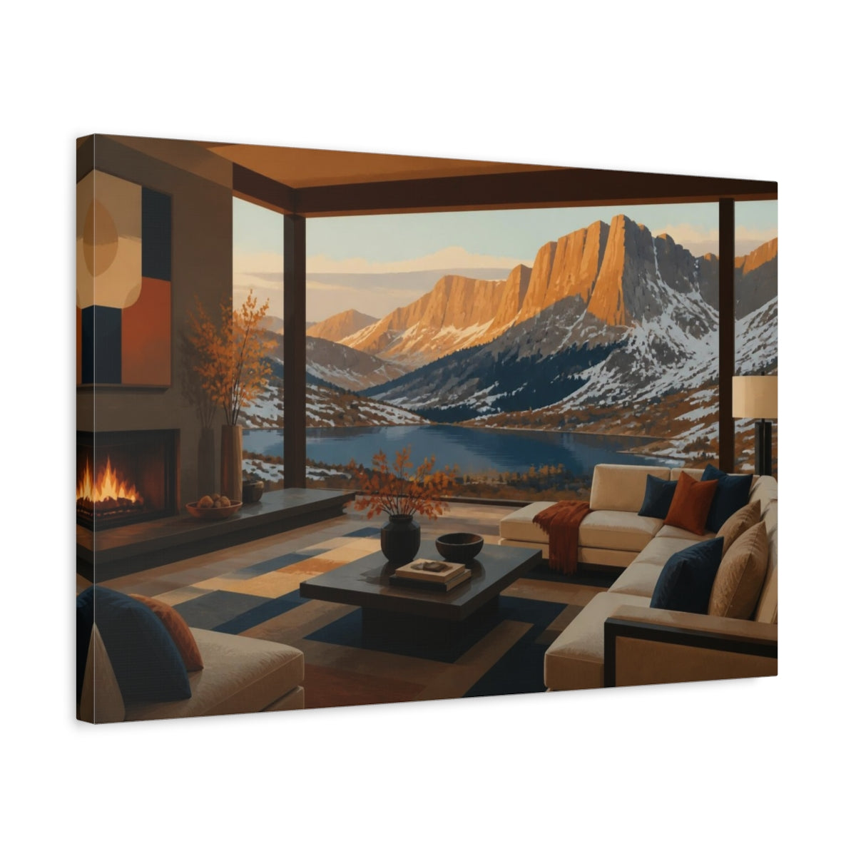 Side Mockup 3. Living Room Alpine Lake View shown as canvas print