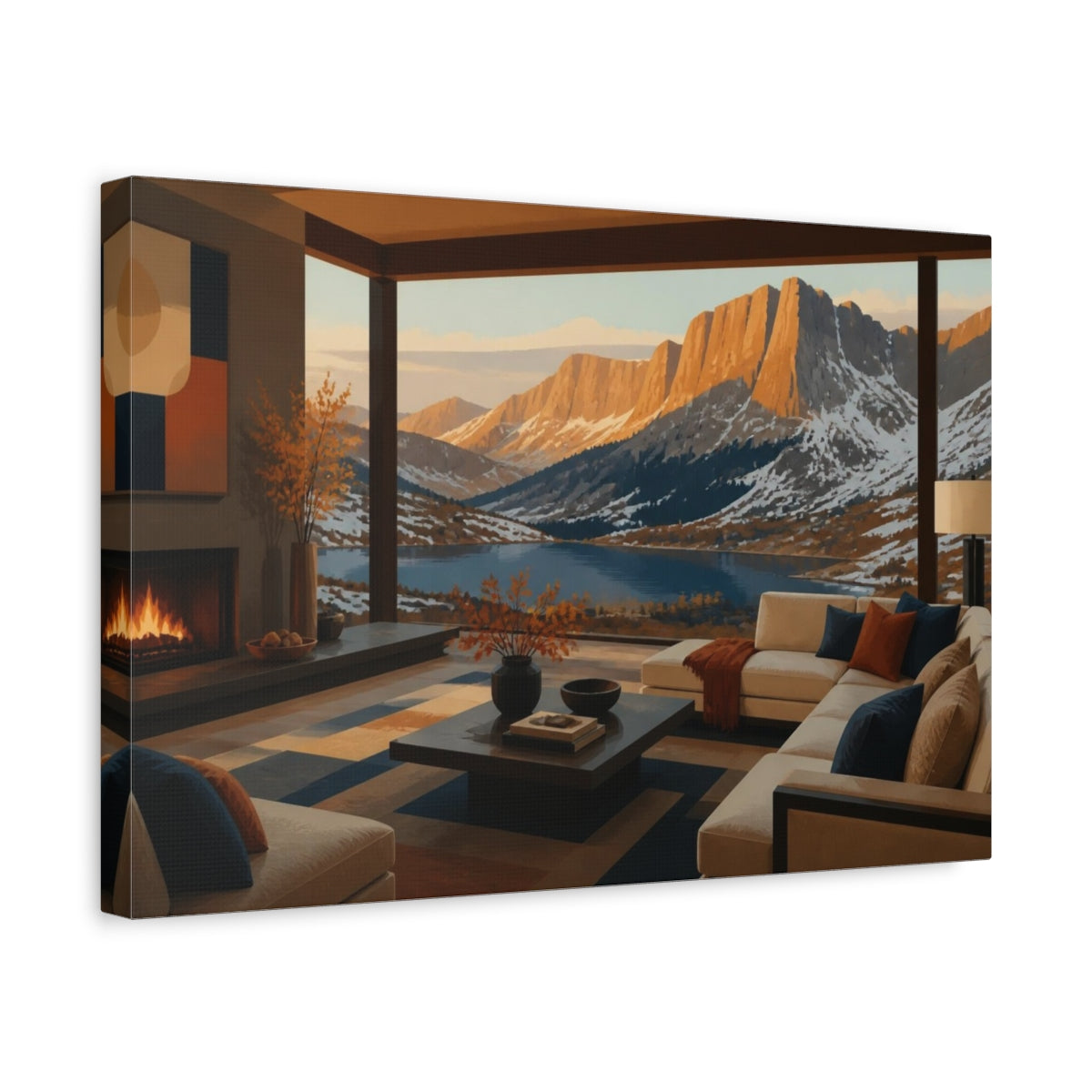 Side Mockup 4. Living Room Alpine Lake View shown as canvas print