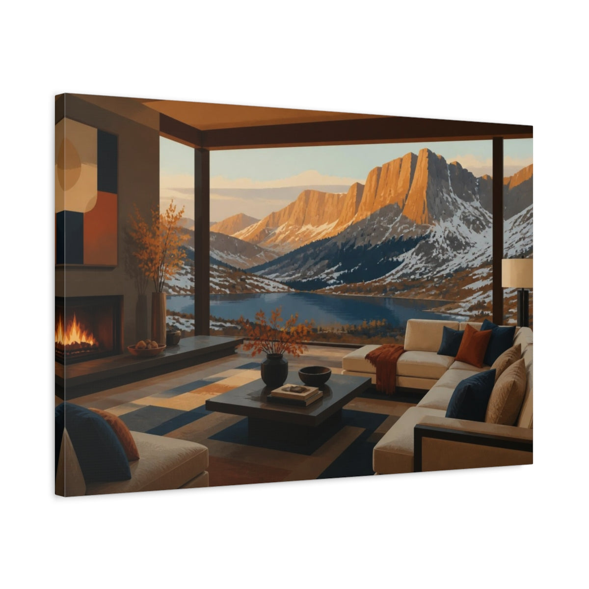 Side Mockup 2. Living Room Alpine Lake View shown as canvas print