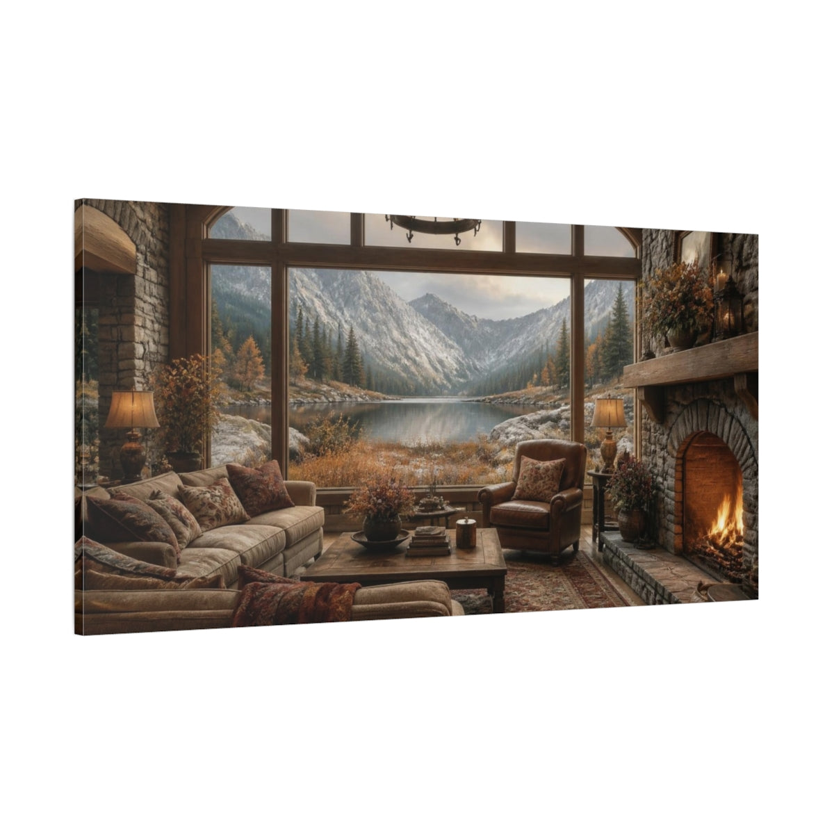 Side Mockup 2. Living Room Alpine Lake View shown as canvas print