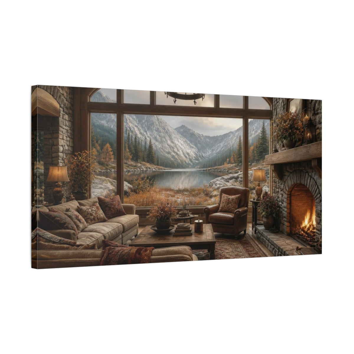 Side Mockup 1. Living Room Alpine Lake View shown as canvas print